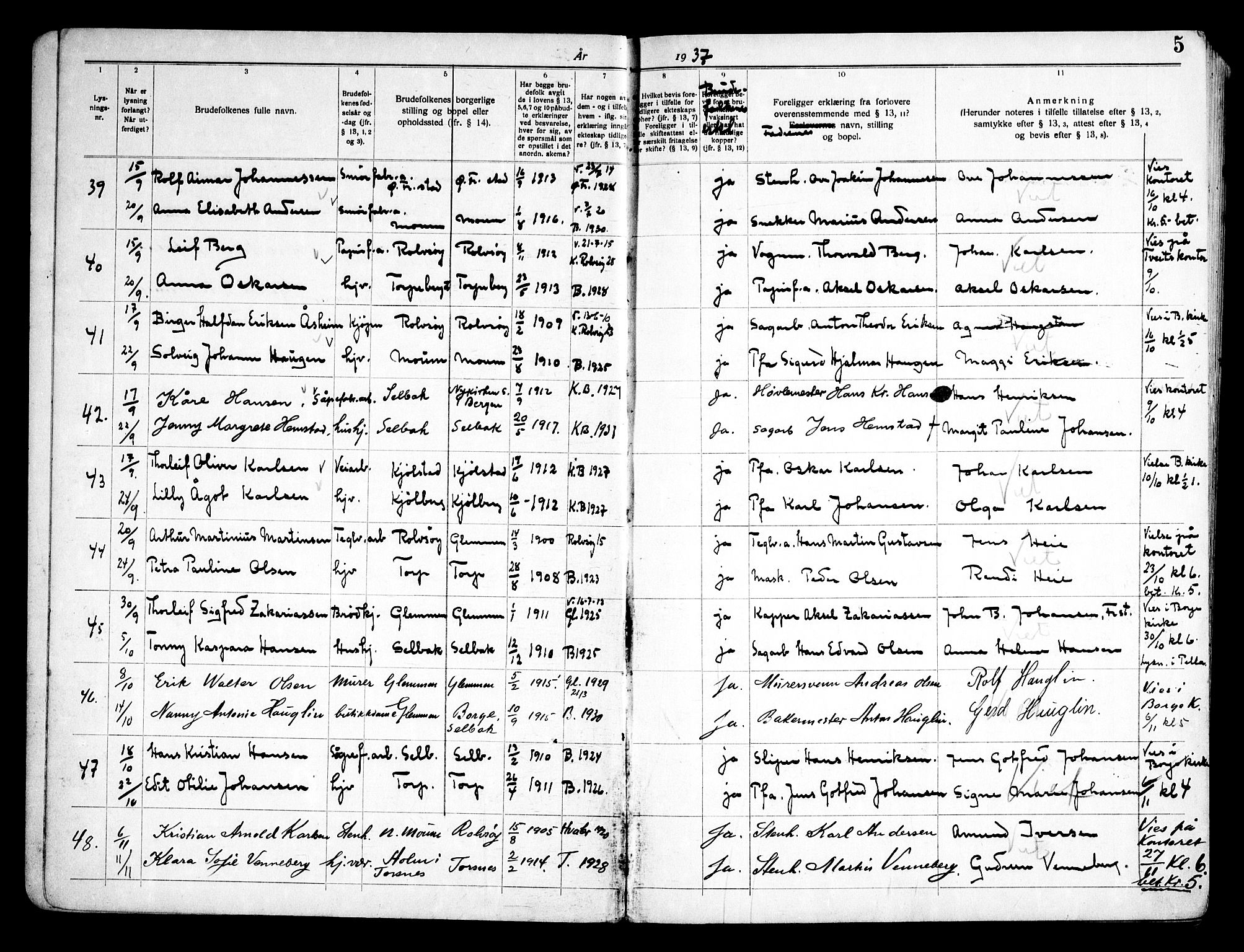 Borge prestekontor Kirkebøker, AV/SAO-A-10903/H/Ha/L0002: Banns register no. I 2, 1937-1956, p. 5