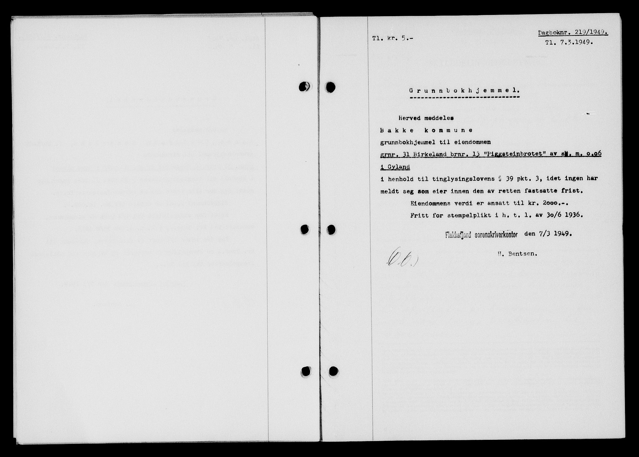 Flekkefjord sorenskriveri, SAK/1221-0001/G/Gb/Gba/L0064: Mortgage book no. A-12, 1948-1949, Diary no: : 219/1949