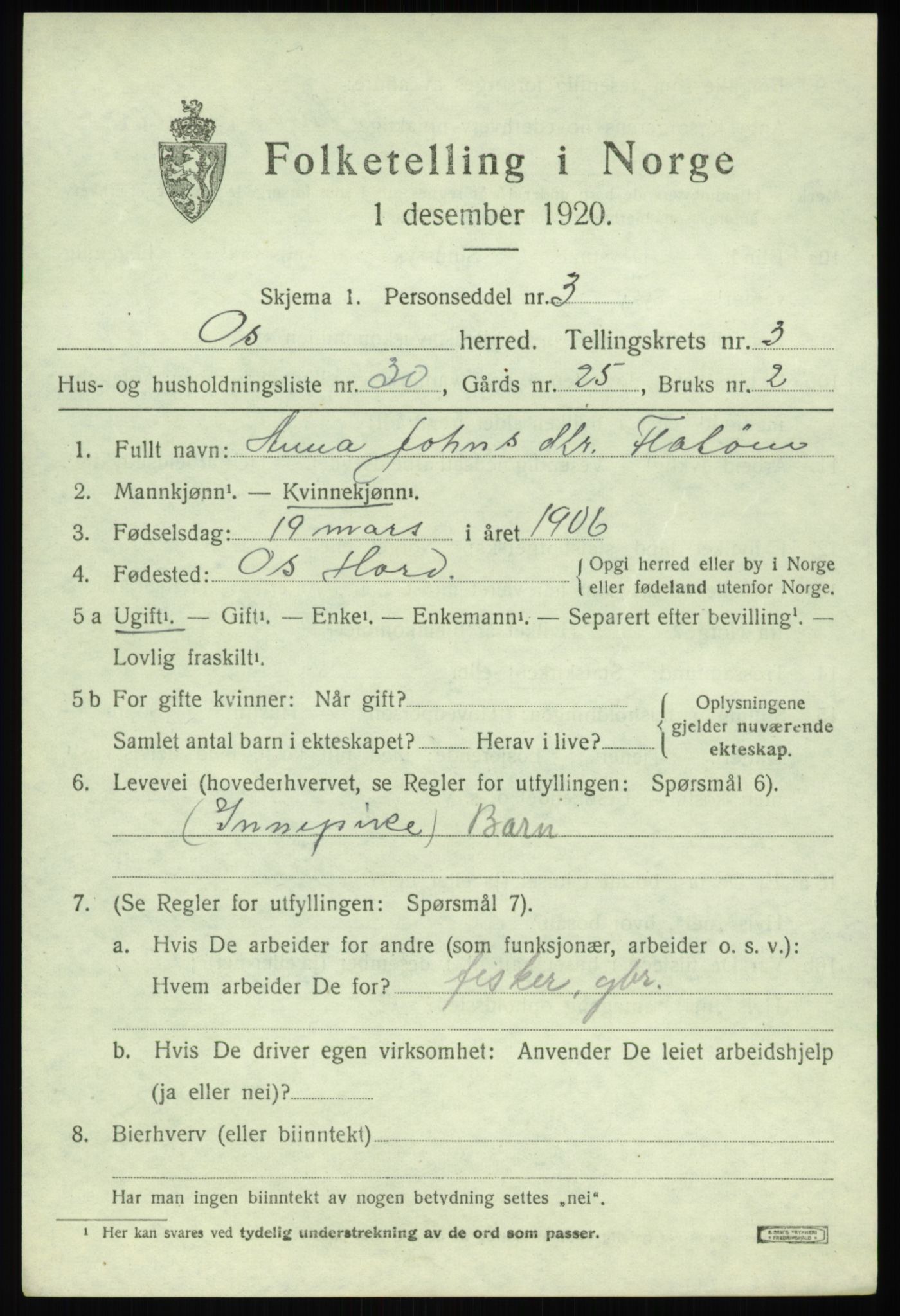 SAB, 1920 census for Os, 1920, p. 2936