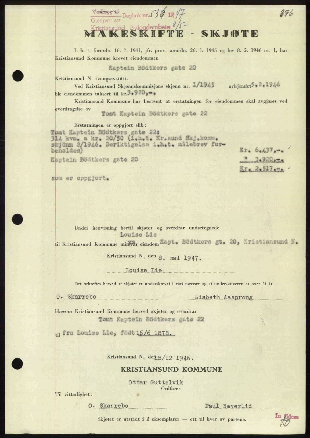 Kristiansund byfogd, AV/SAT-A-4587/A/27: Mortgage book no. 39b, 1946-1947, Diary no: : 536/1947