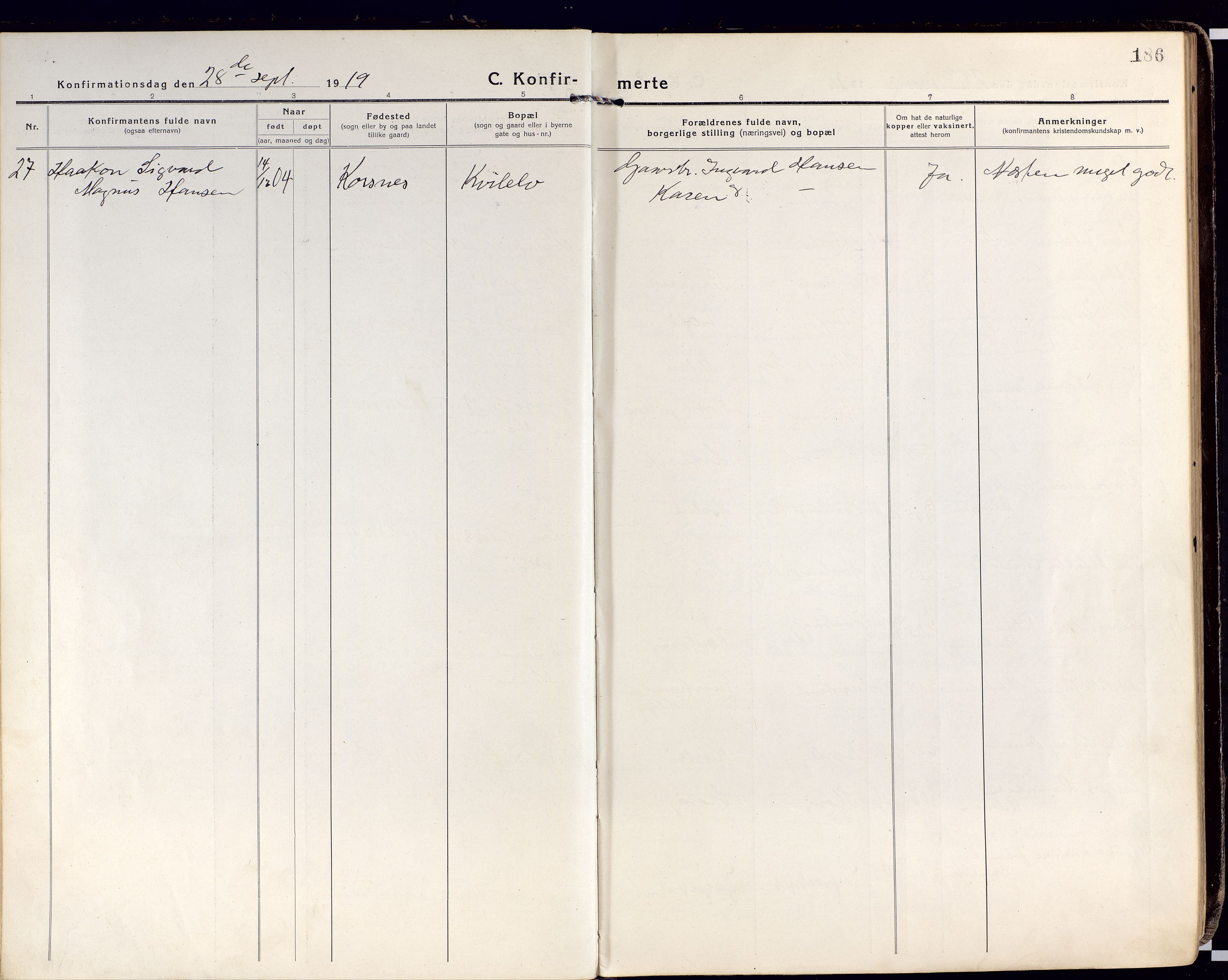 Karlsøy sokneprestembete, AV/SATØ-S-1299/H/Ha/Haa/L0015kirke: Parish register (official) no. 15, 1918-1929, p. 186