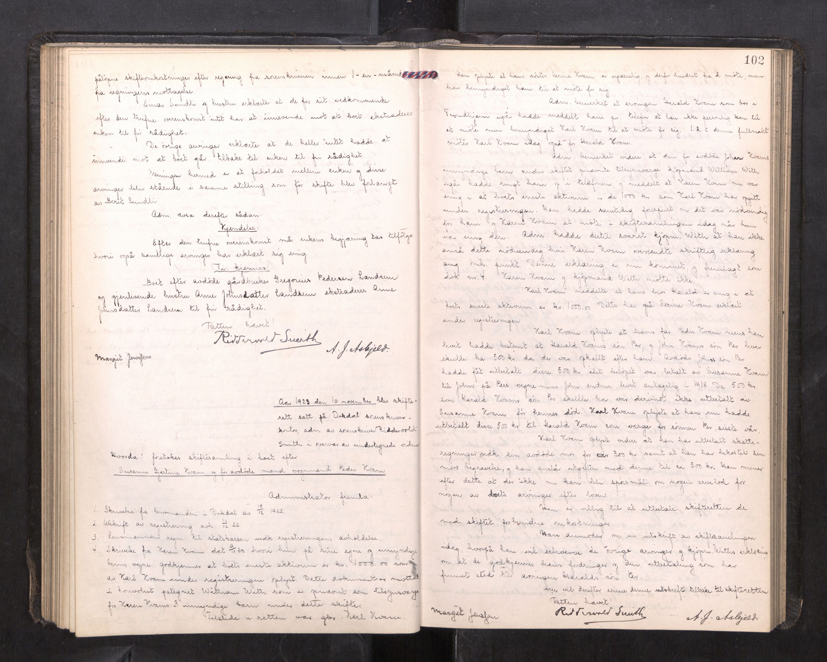 Orkdal sorenskriveri, AV/SAT-A-4169/1/3/3B/L0015: Skiftebehandlingsprotokoll, 1919-1927, p. 101b-102a