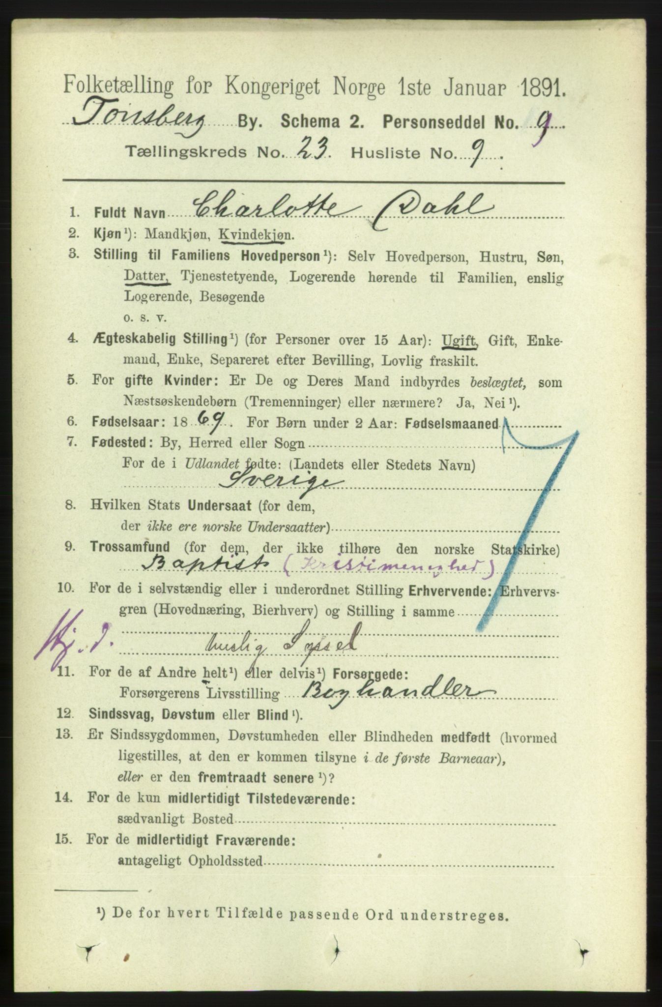 RA, 1891 census for 0705 Tønsberg, 1891, p. 6205