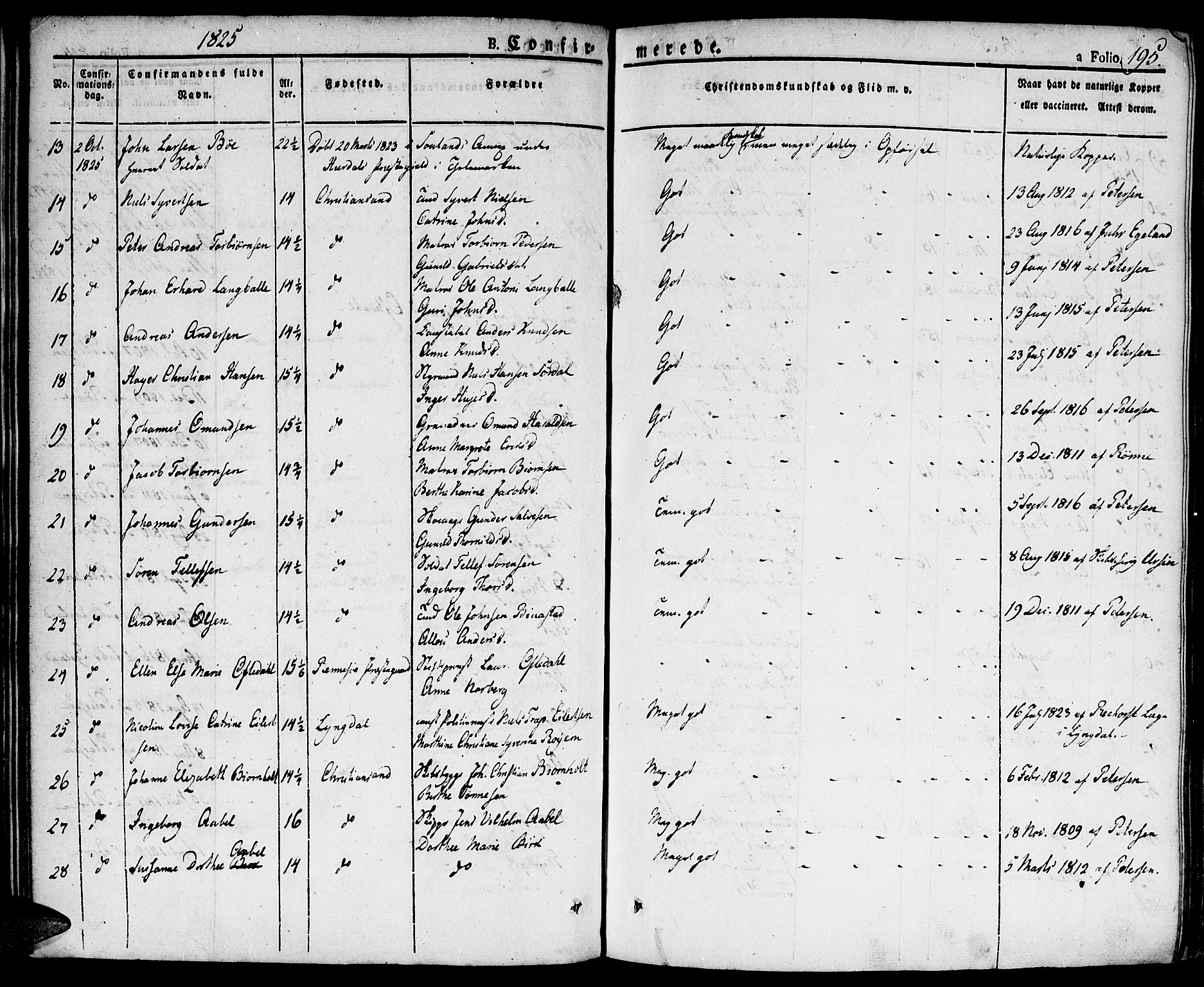 Kristiansand domprosti, SAK/1112-0006/F/Fa/L0009: Parish register (official) no. A 9, 1821-1827, p. 195