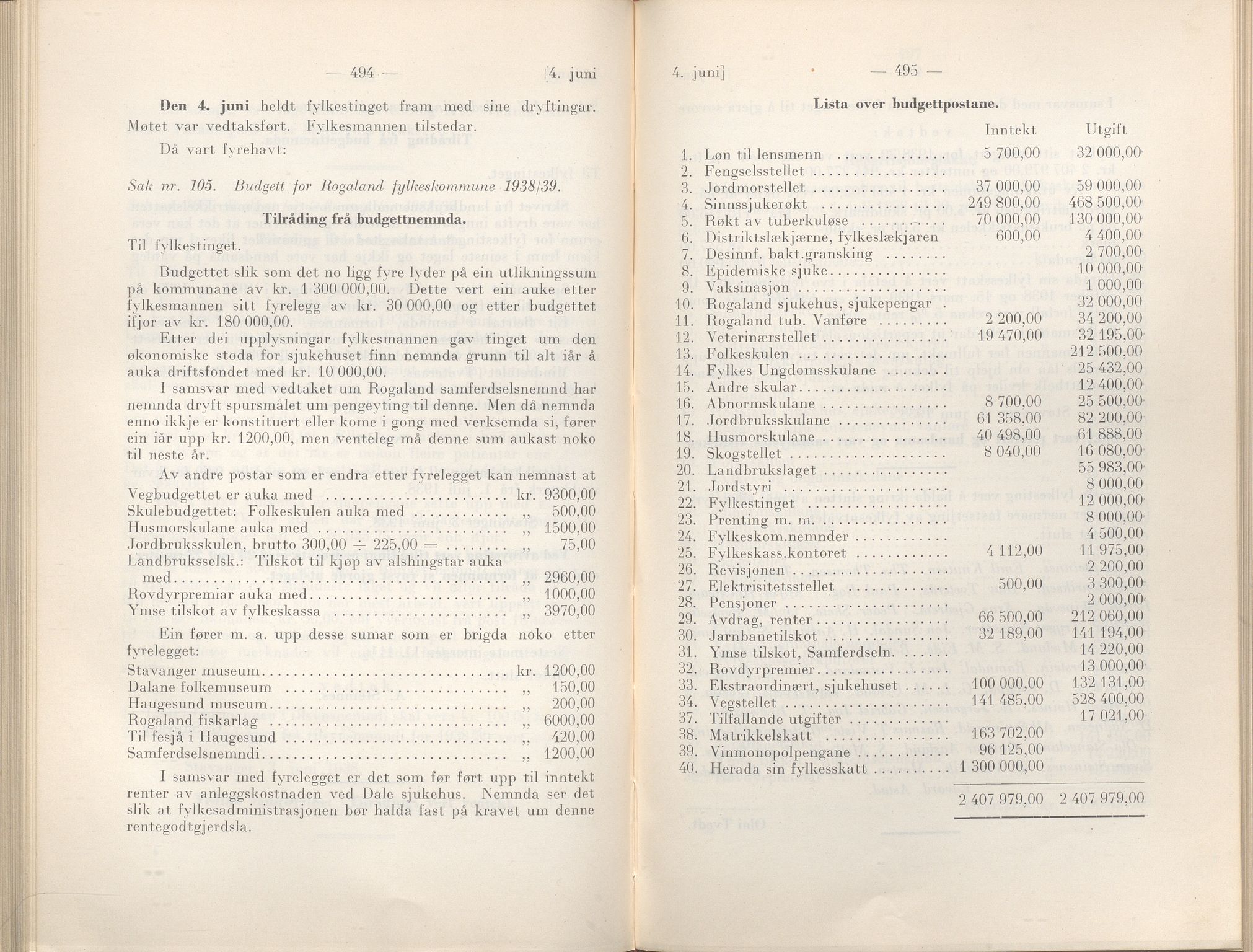 Rogaland fylkeskommune - Fylkesrådmannen , IKAR/A-900/A/Aa/Aaa/L0057: Møtebok , 1938, p. 494-495