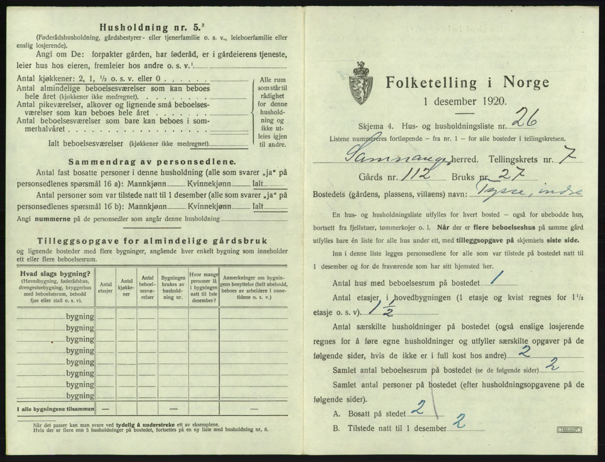 SAB, 1920 census for Samnanger, 1920, p. 452