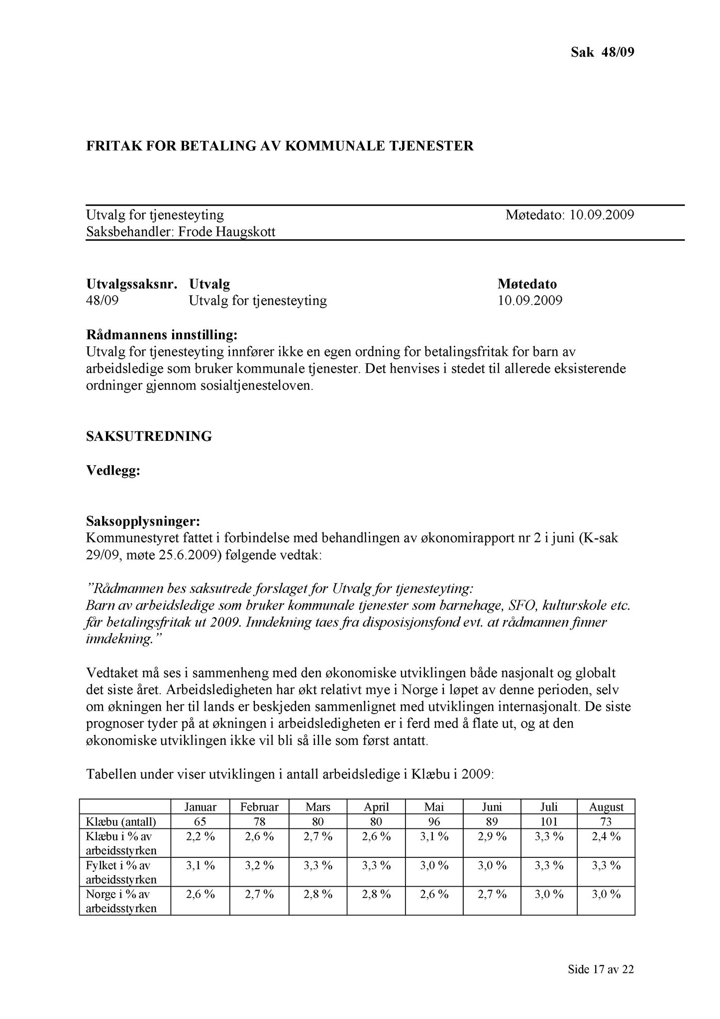 Klæbu Kommune, TRKO/KK/14-UTY/L002: Utvalg for tjenesteyting - Møtedokumenter, 2009, p. 29