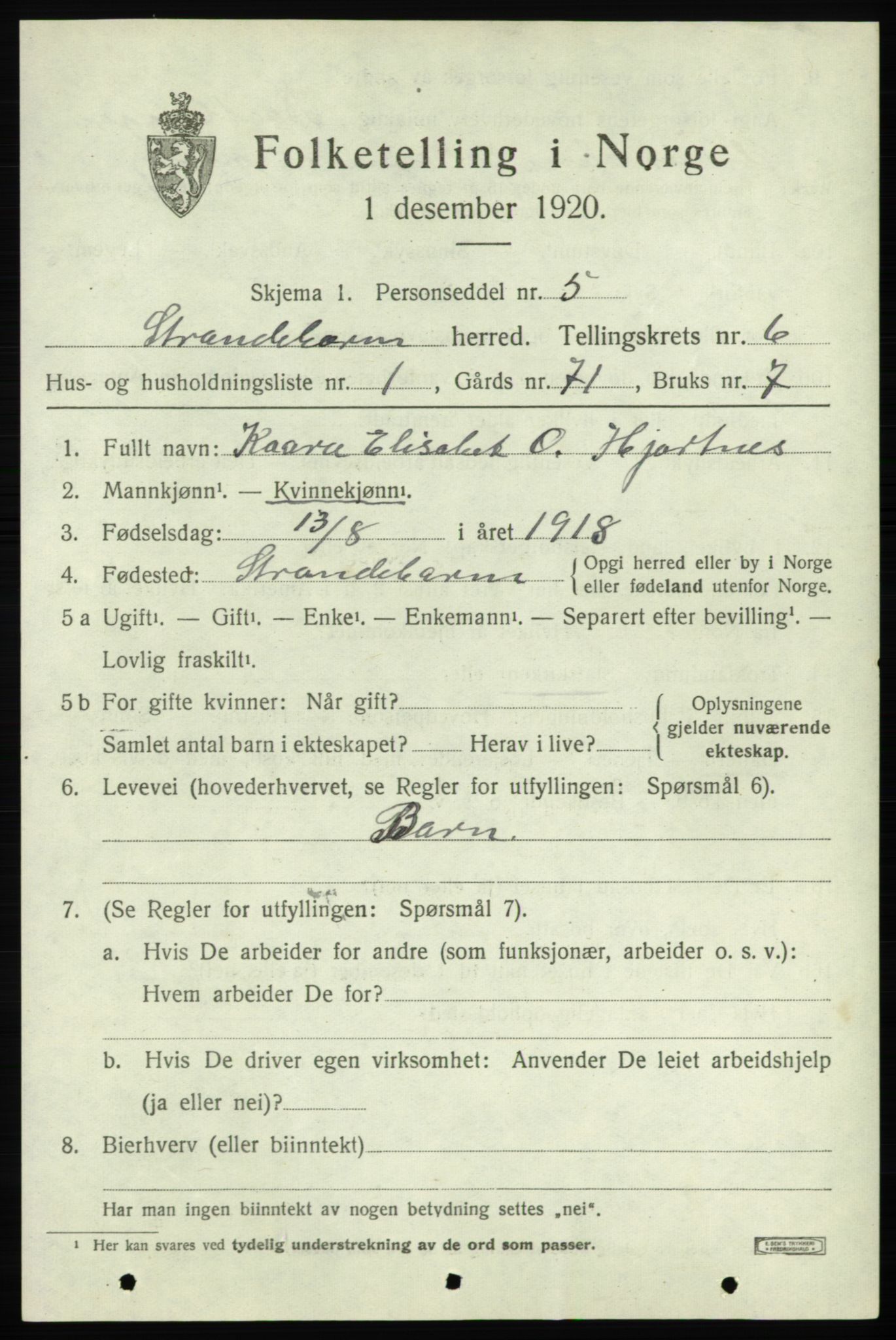 SAB, 1920 census for Strandebarm, 1920, p. 3954