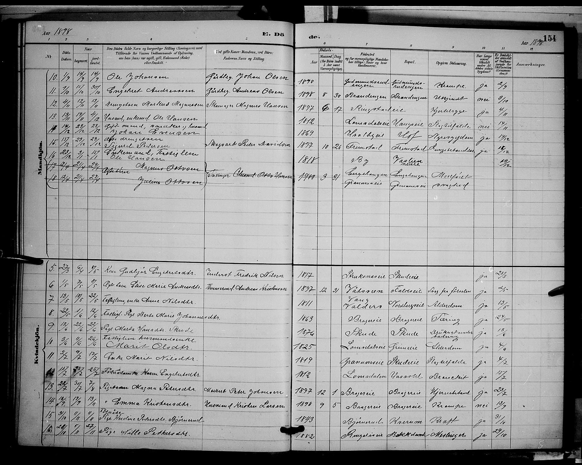 Søndre Land prestekontor, AV/SAH-PREST-122/L/L0002: Parish register (copy) no. 2, 1884-1900, p. 154