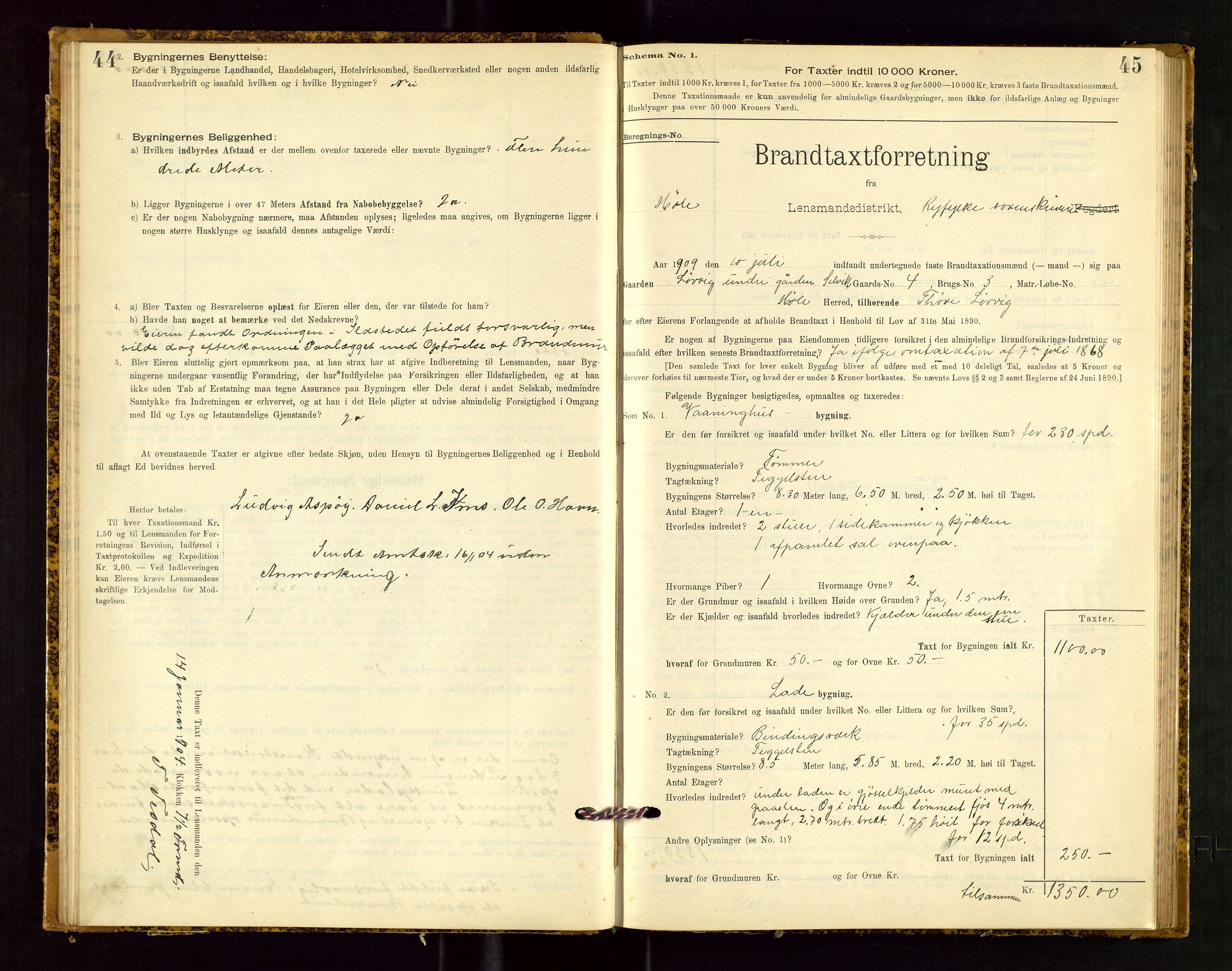 Høle og Forsand lensmannskontor, SAST/A-100127/Gob/L0001: "Brandtaxtprotokol" - skjematakst, 1897-1940, p. 44-45