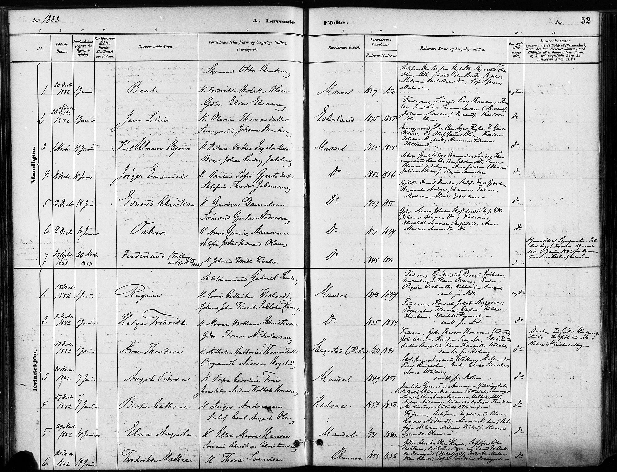 Mandal sokneprestkontor, AV/SAK-1111-0030/F/Fa/Faa/L0016: Parish register (official) no. A 16, 1880-1890, p. 52