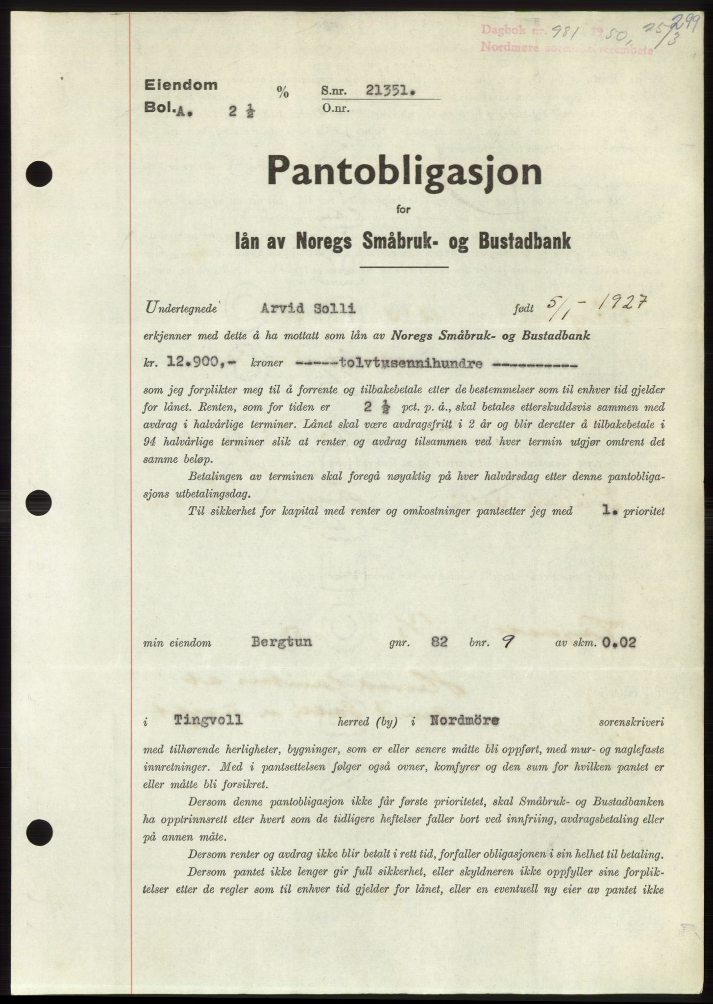 Nordmøre sorenskriveri, AV/SAT-A-4132/1/2/2Ca: Mortgage book no. B104, 1950-1950, Diary no: : 981/1950