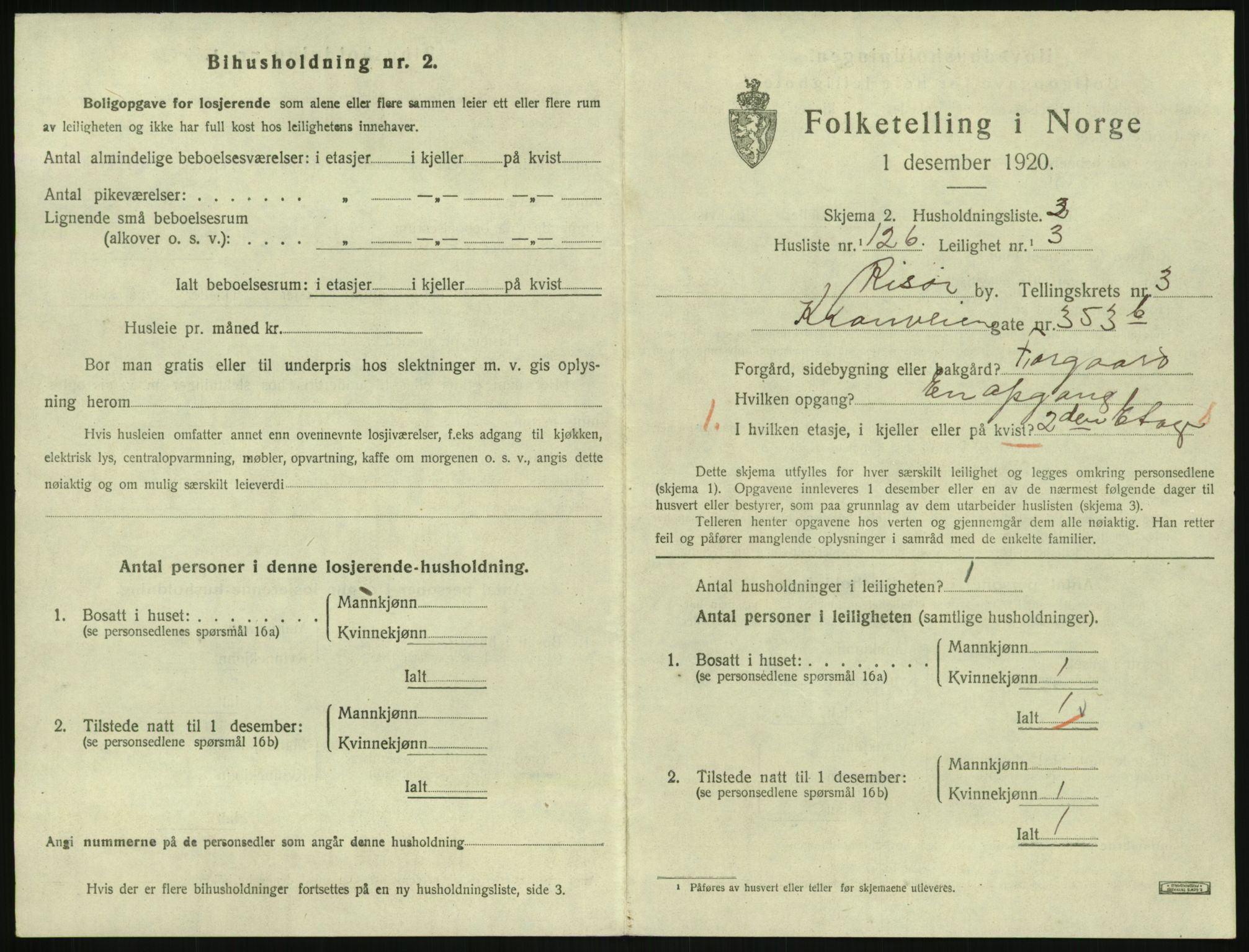 SAK, 1920 census for Risør, 1920, p. 2885