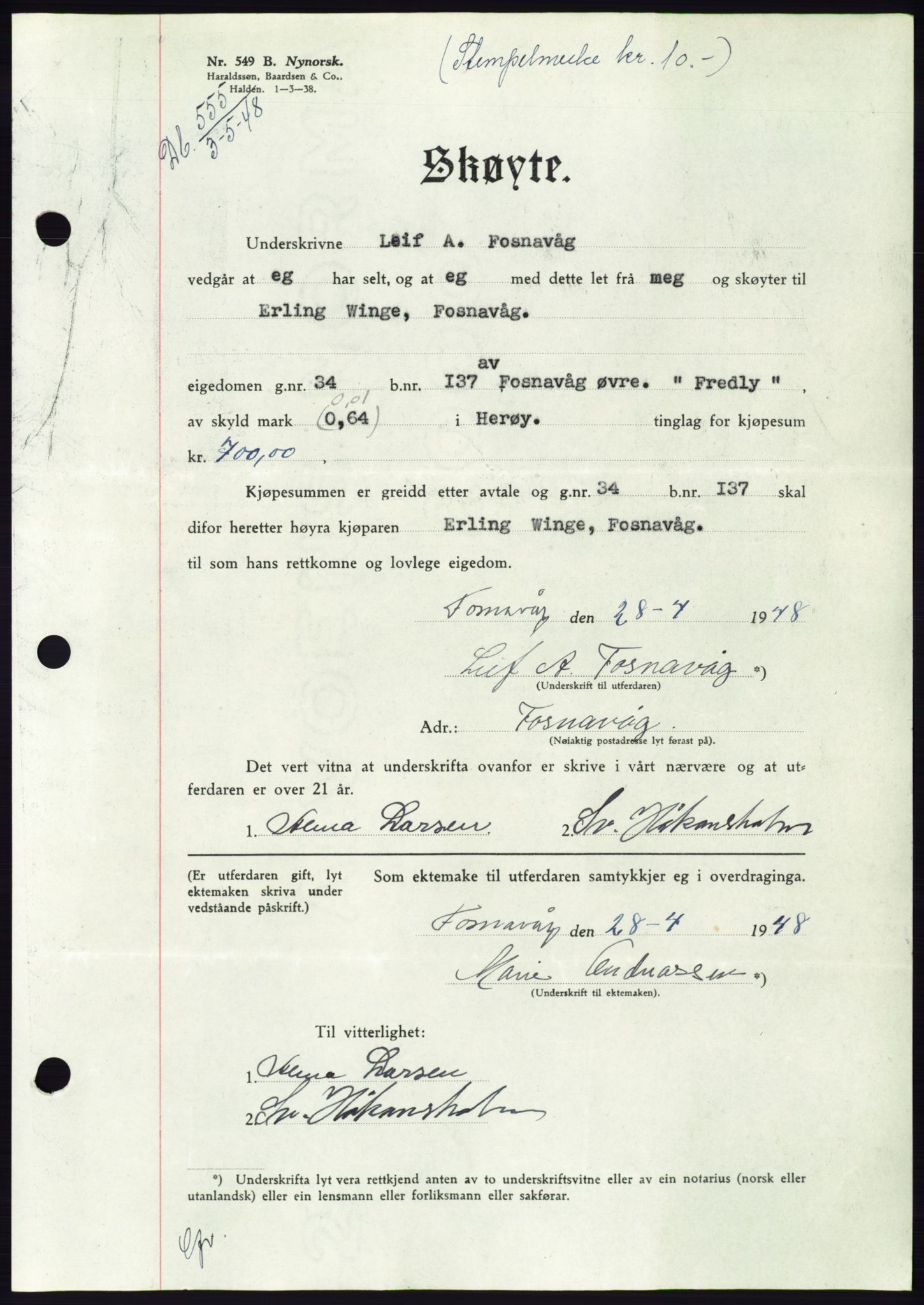 Søre Sunnmøre sorenskriveri, AV/SAT-A-4122/1/2/2C/L0082: Mortgage book no. 8A, 1948-1948, Diary no: : 555/1948