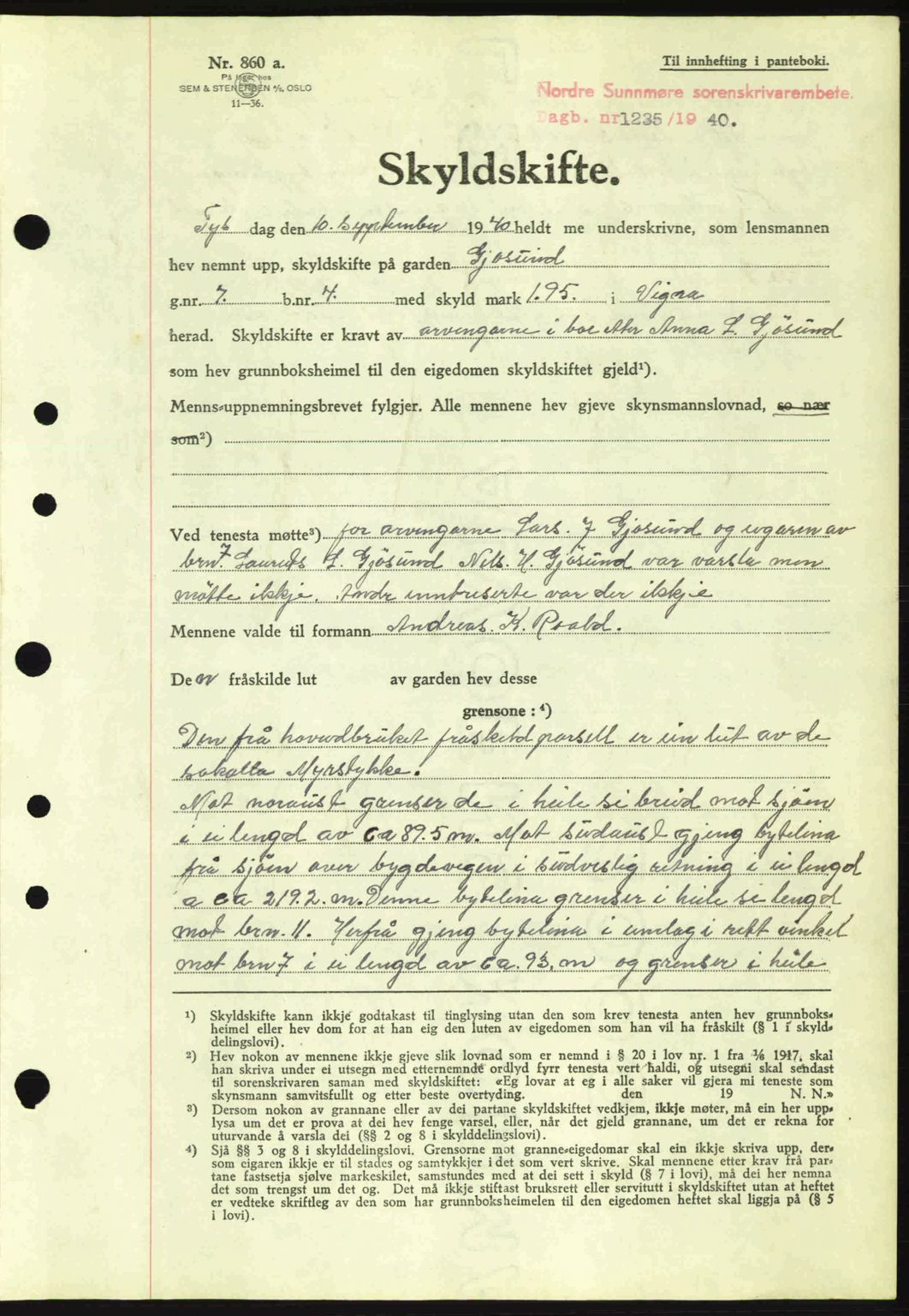 Nordre Sunnmøre sorenskriveri, AV/SAT-A-0006/1/2/2C/2Ca: Mortgage book no. A9, 1940-1940, Diary no: : 1235/1940