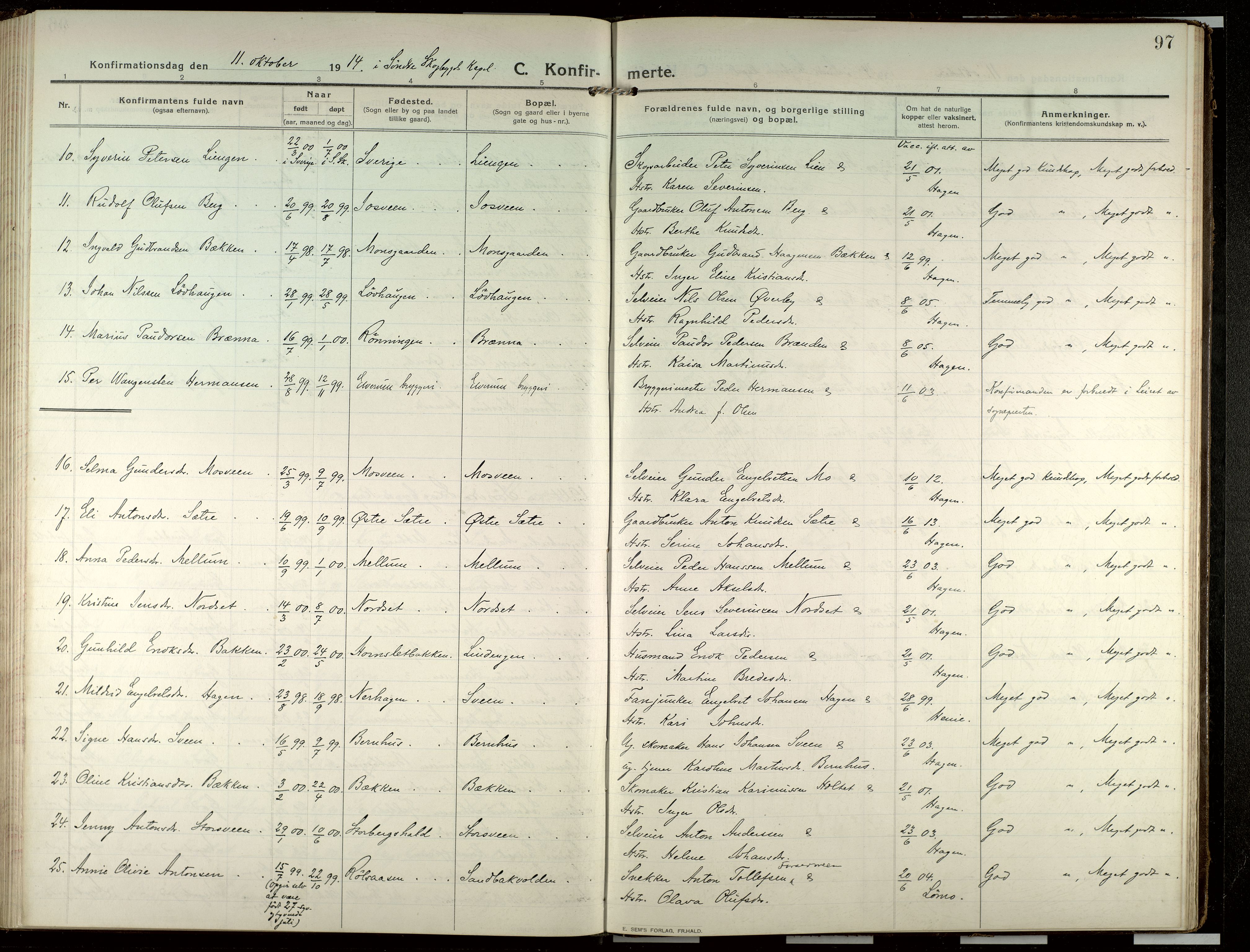 Elverum prestekontor, AV/SAH-PREST-044/H/Ha/Haa/L0022: Parish register (official) no. 22, 1913-1924, p. 97