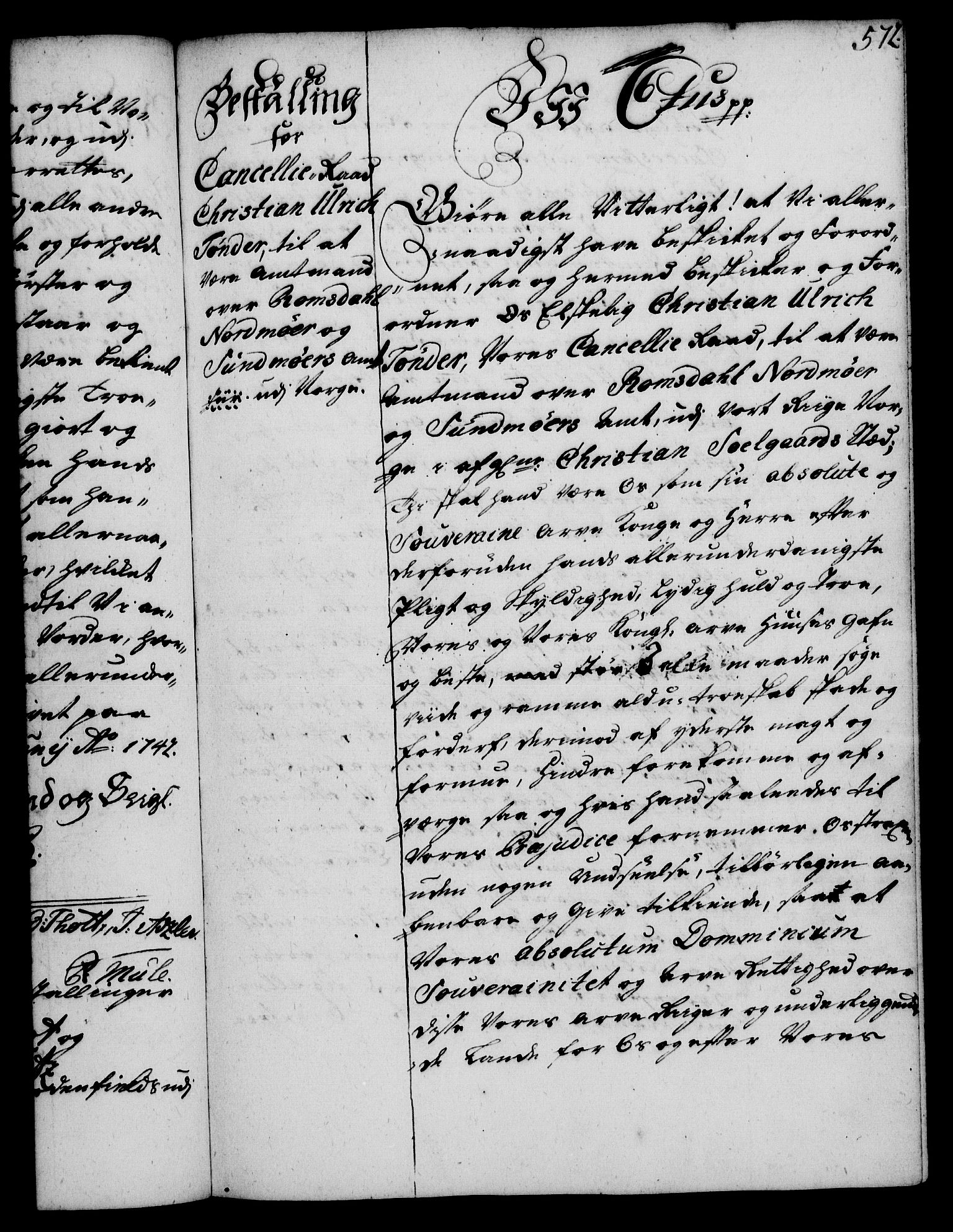 Rentekammeret, Kammerkanselliet, RA/EA-3111/G/Gg/Gge/L0002: Norsk bestallingsprotokoll med register (merket RK 53.26), 1730-1744, p. 572