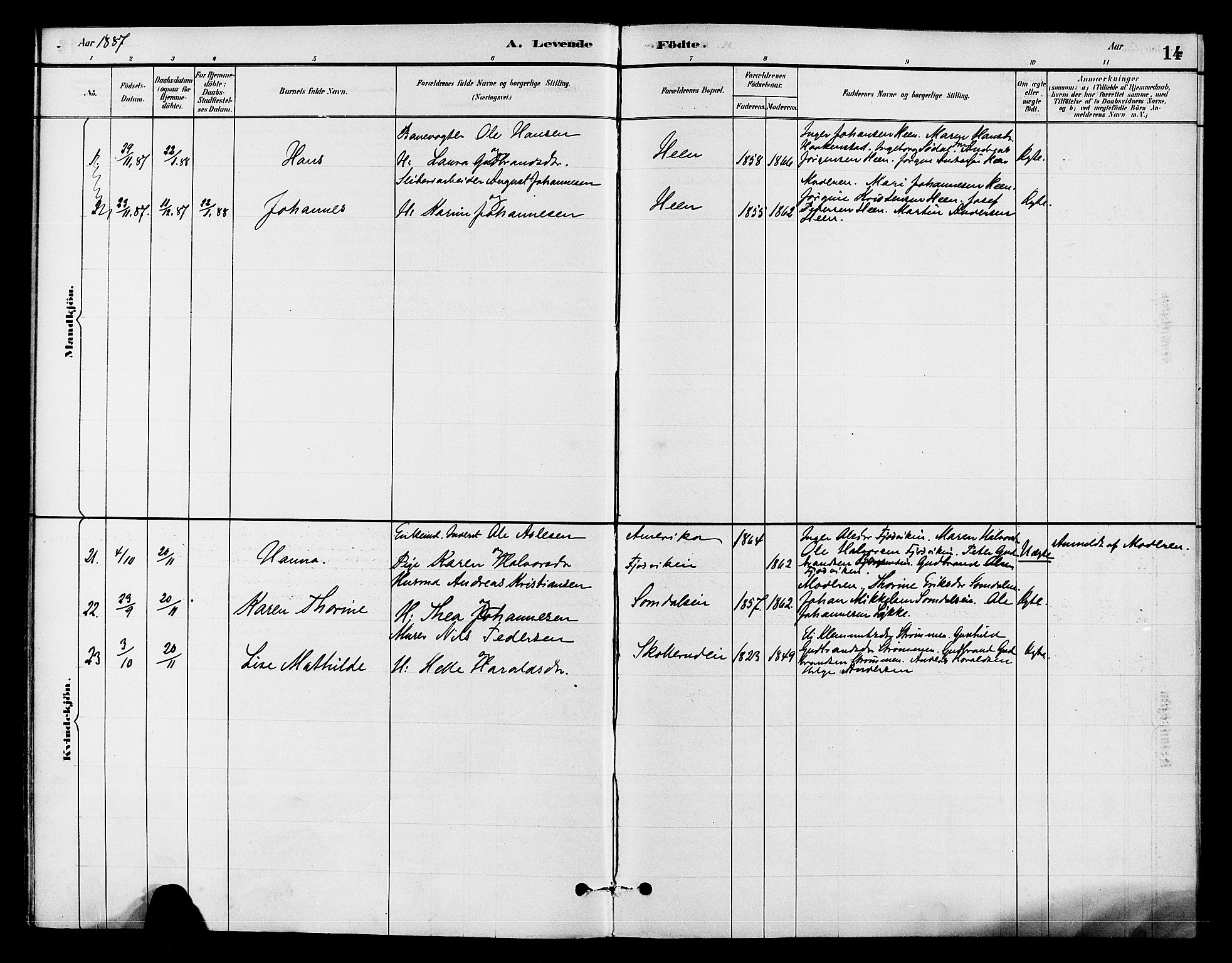 Ådal kirkebøker, SAKO/A-248/F/Fb/L0001: Parish register (official) no. II 1, 1884-1897, p. 14