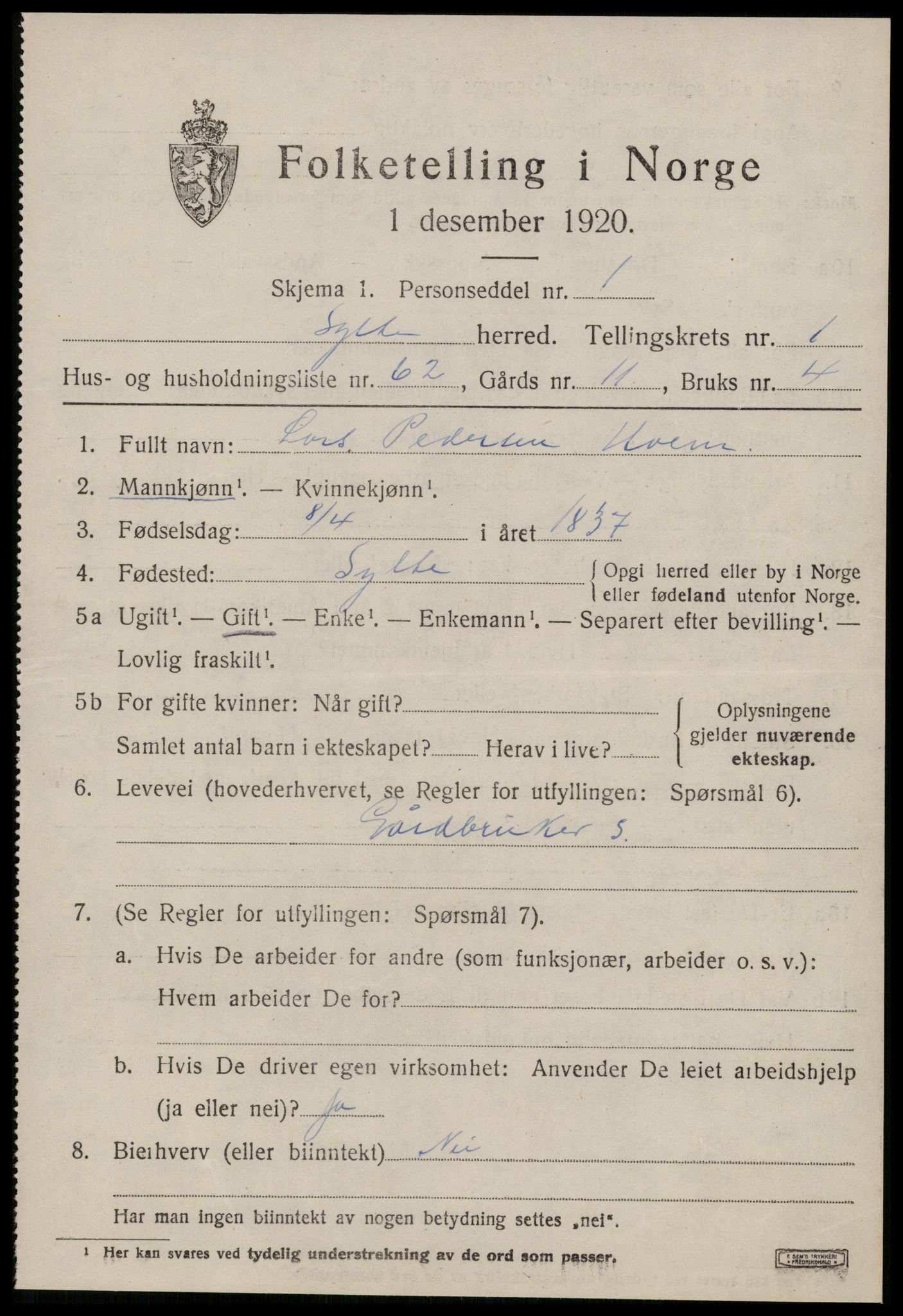 SAT, 1920 census for Sylte, 1920, p. 1175