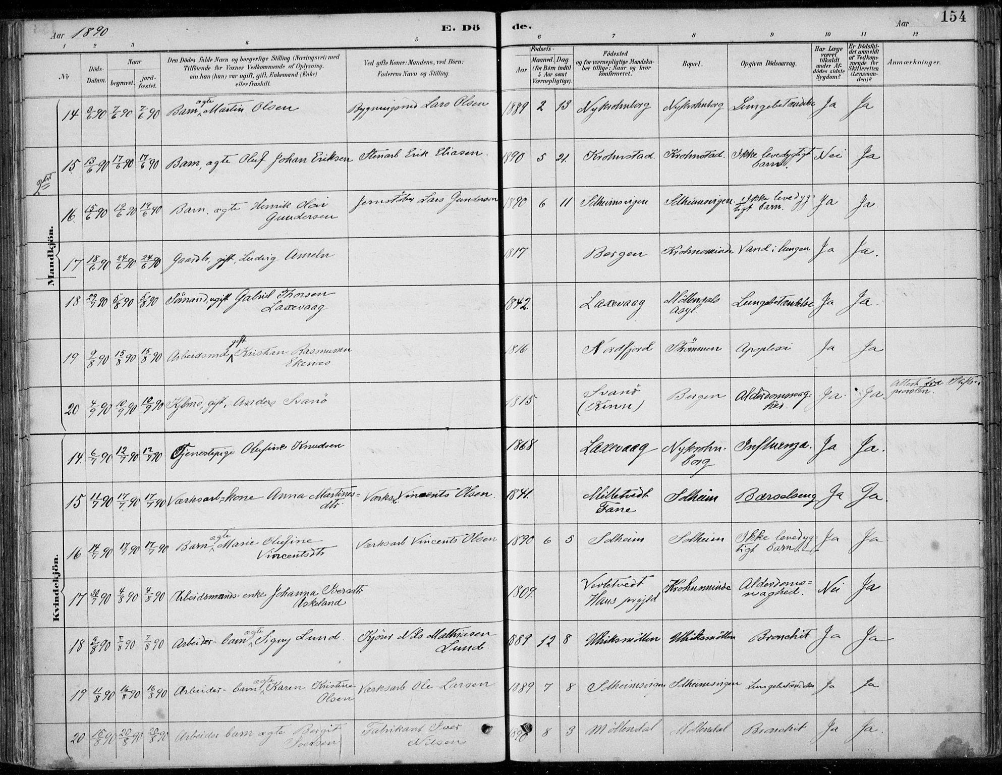 Årstad Sokneprestembete, AV/SAB-A-79301/H/Haa/L0006: Parish register (official) no. B 1, 1886-1901, p. 154