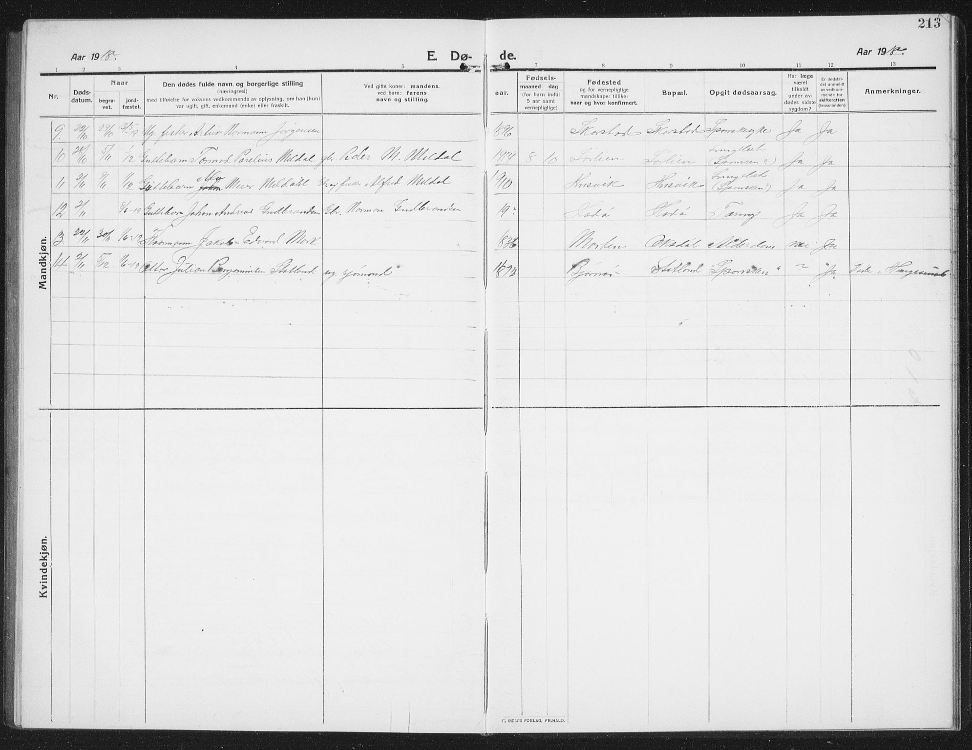 Ministerialprotokoller, klokkerbøker og fødselsregistre - Nord-Trøndelag, AV/SAT-A-1458/774/L0630: Parish register (copy) no. 774C01, 1910-1934, p. 213