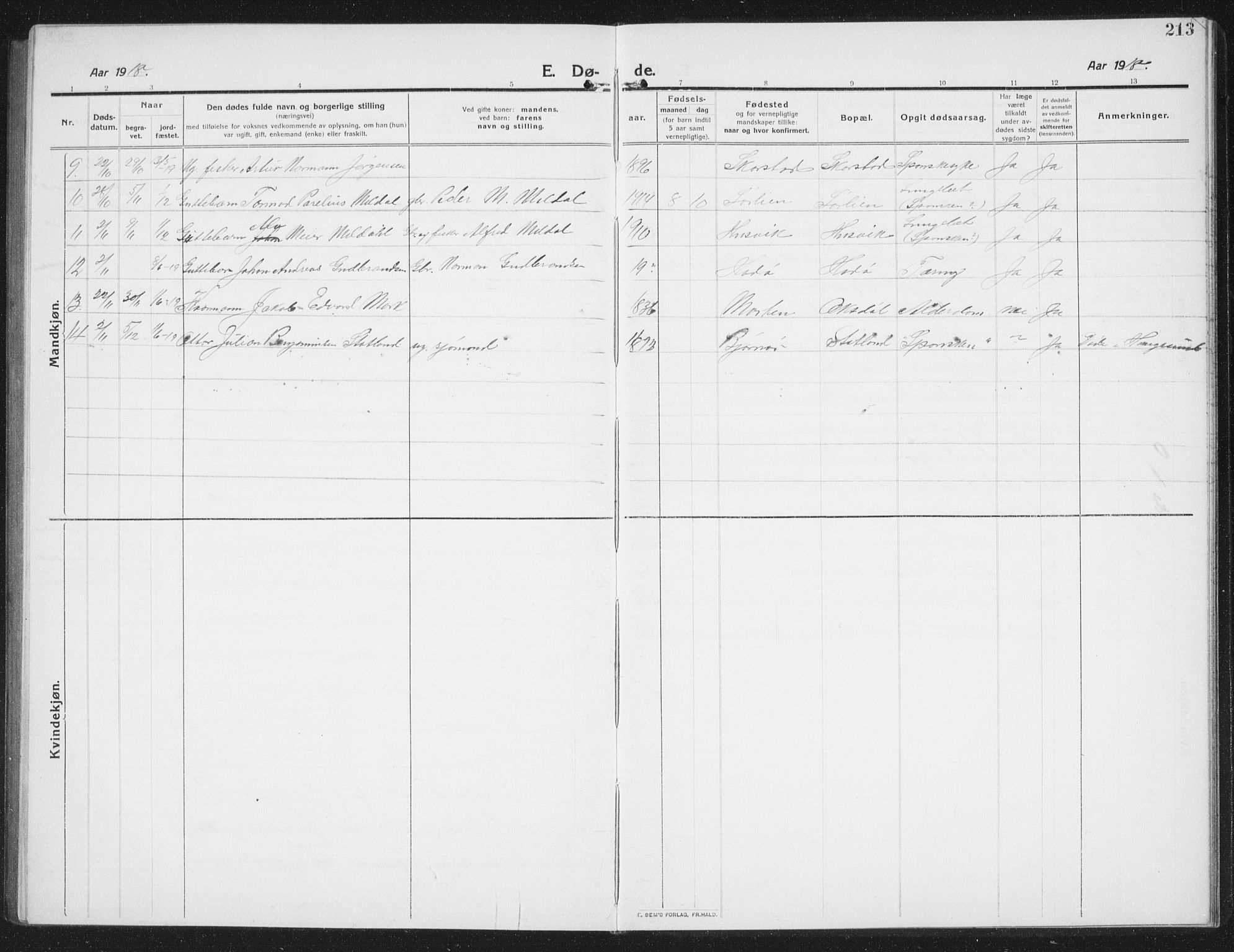 Ministerialprotokoller, klokkerbøker og fødselsregistre - Nord-Trøndelag, AV/SAT-A-1458/774/L0630: Parish register (copy) no. 774C01, 1910-1934, p. 213