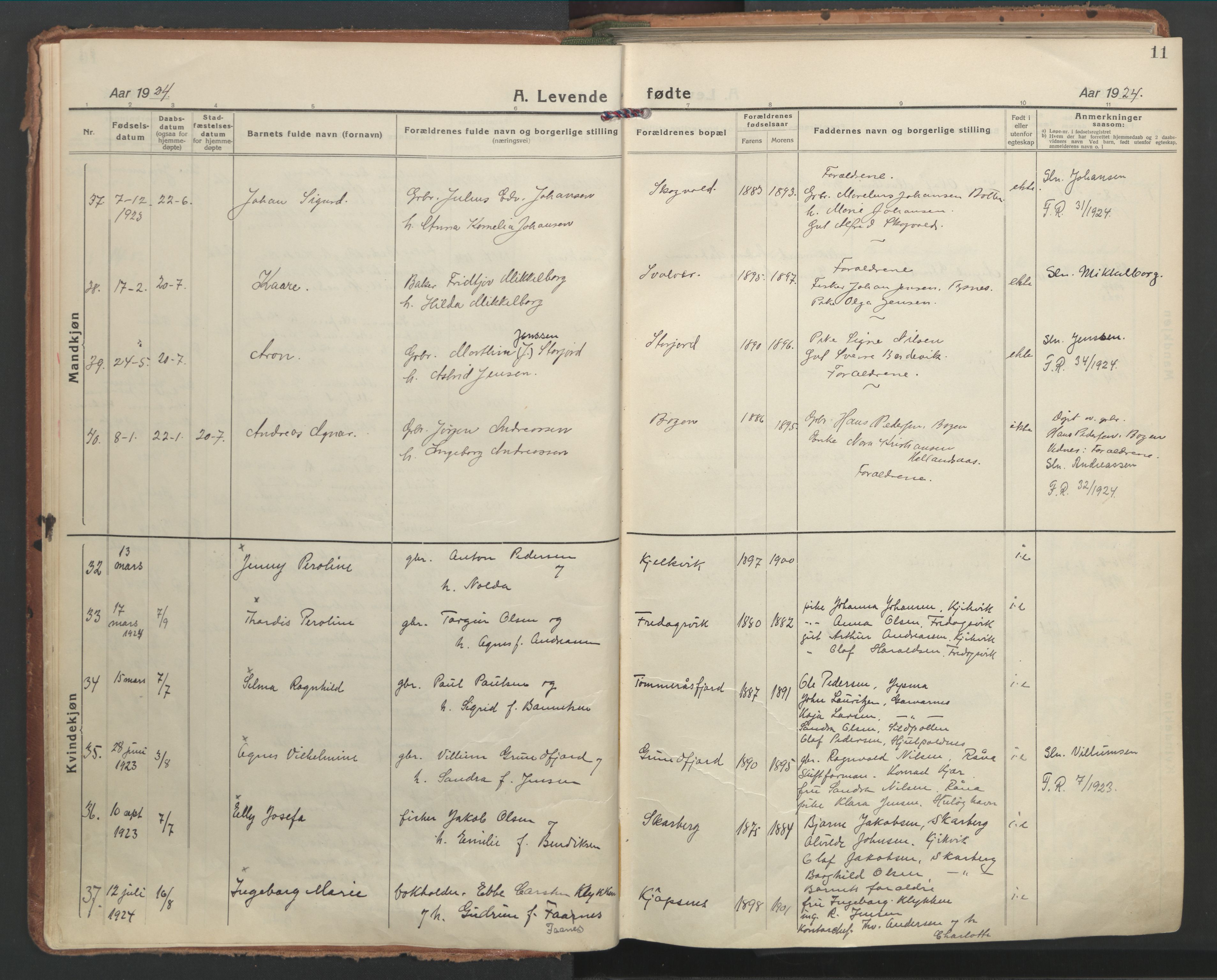 Ministerialprotokoller, klokkerbøker og fødselsregistre - Nordland, AV/SAT-A-1459/861/L0873: Parish register (official) no. 861A08, 1923-1932, p. 11