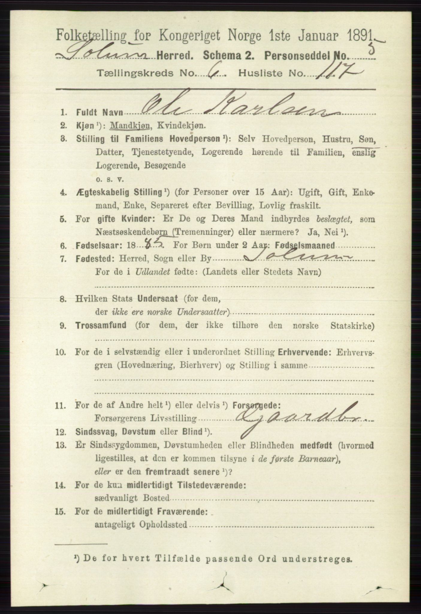 RA, 1891 census for 0818 Solum, 1891, p. 1837