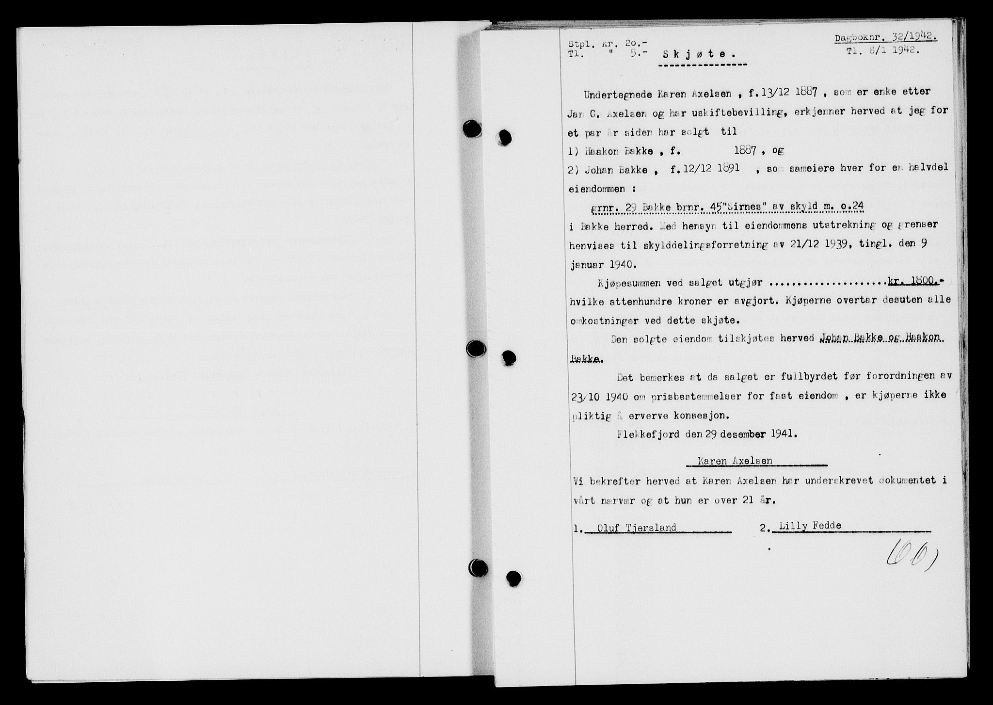 Flekkefjord sorenskriveri, SAK/1221-0001/G/Gb/Gba/L0057: Mortgage book no. A-5, 1941-1942, Diary no: : 32/1942