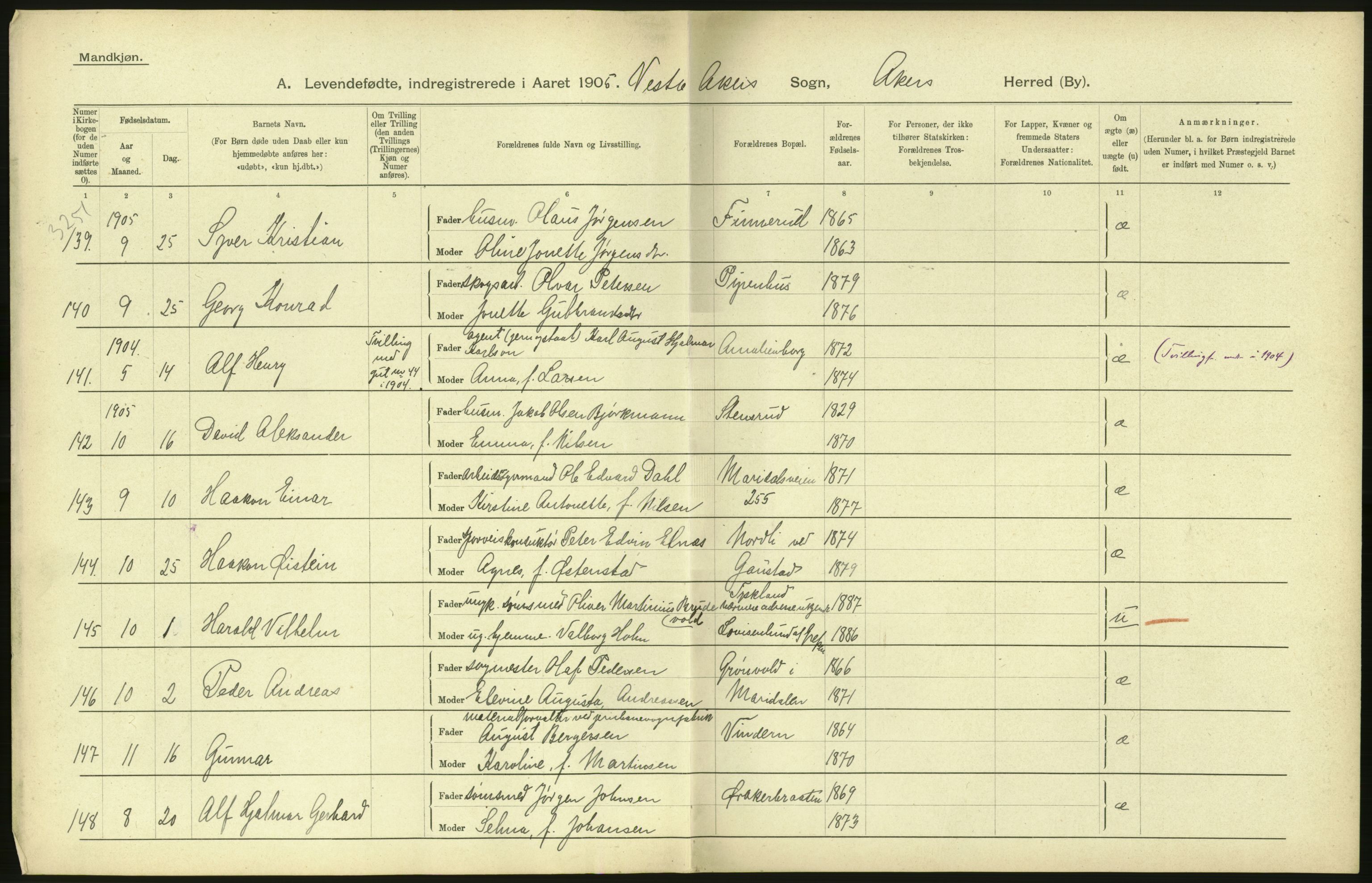 Statistisk sentralbyrå, Sosiodemografiske emner, Befolkning, AV/RA-S-2228/D/Df/Dfa/Dfac/L0004: Akershus amt: Fødte. Bygder., 1905, p. 10