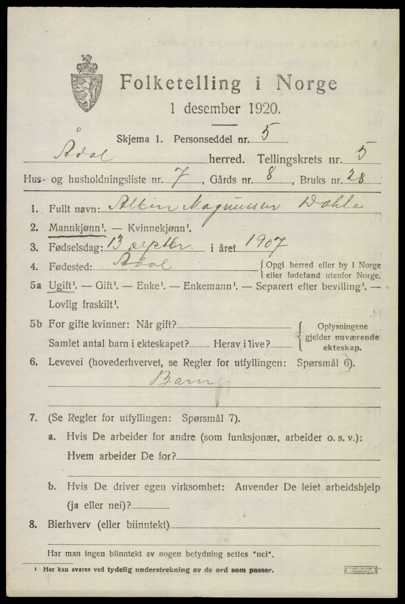 SAKO, 1920 census for Ådal, 1920, p. 4194