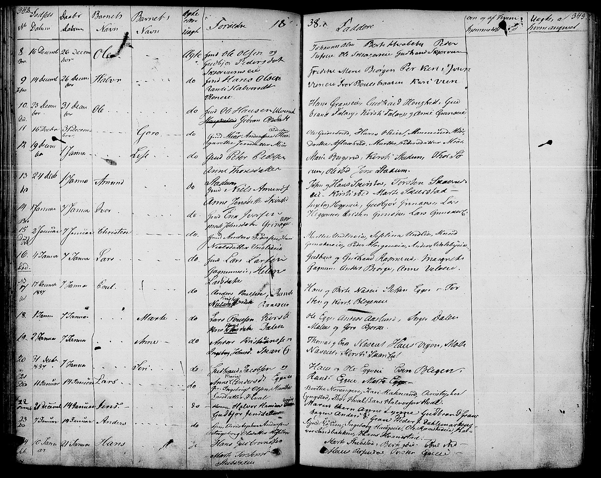 Gran prestekontor, SAH/PREST-112/H/Ha/Haa/L0010: Parish register (official) no. 10, 1824-1842, p. 342-343
