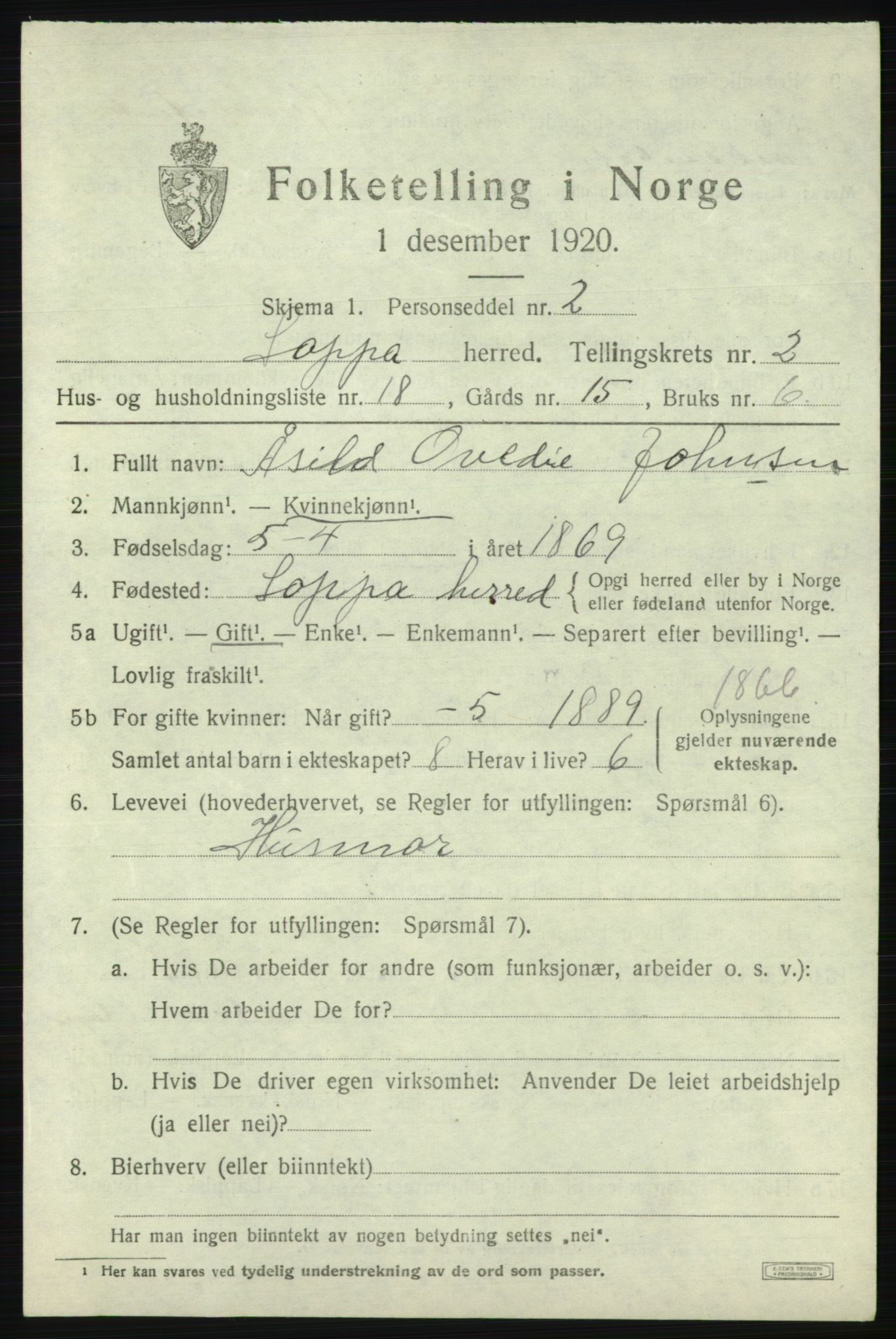 SATØ, 1920 census for Loppa, 1920, p. 992