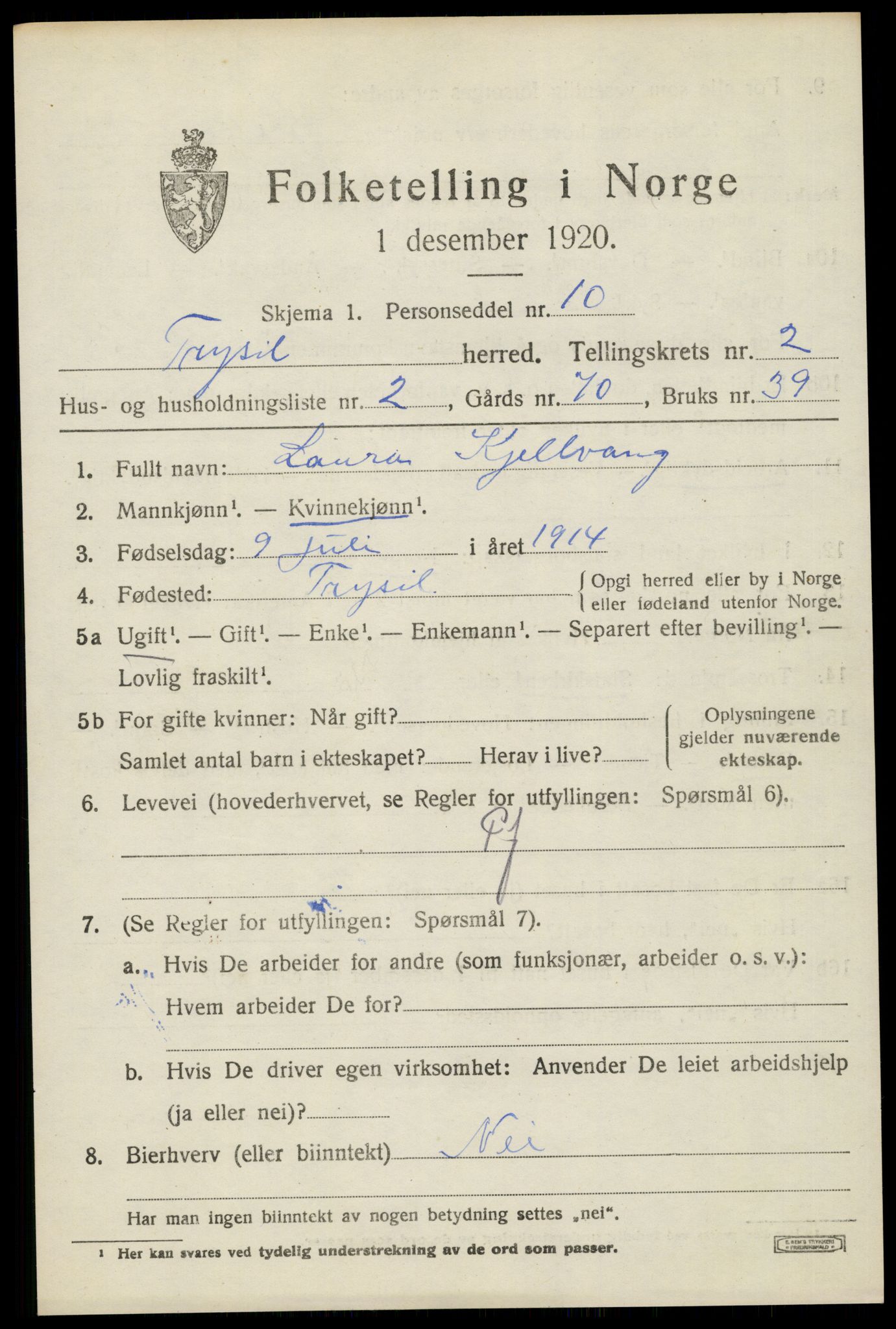SAH, 1920 census for Trysil, 1920, p. 3117
