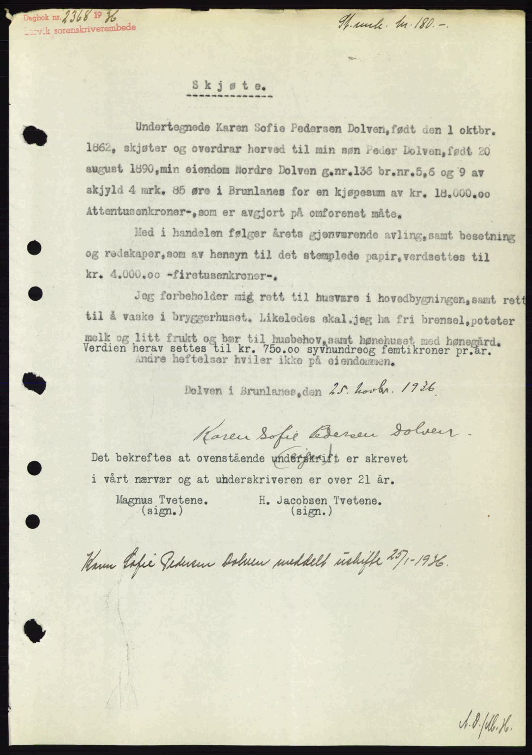Larvik sorenskriveri, SAKO/A-83/G/Ga/Gab/L0067: Mortgage book no. A-1, 1936-1937, Diary no: : 2368/1936