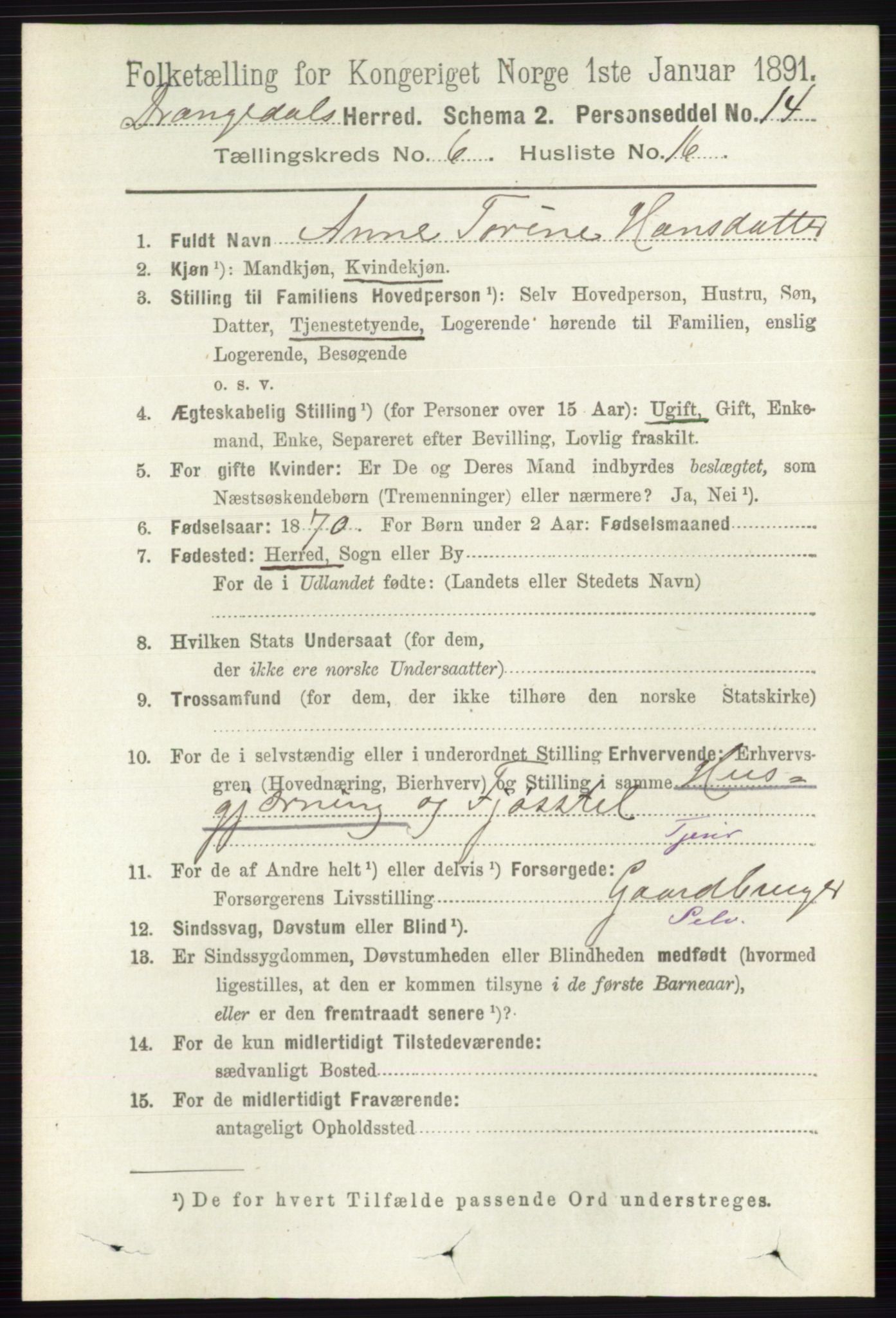 RA, 1891 census for 0817 Drangedal, 1891, p. 2111