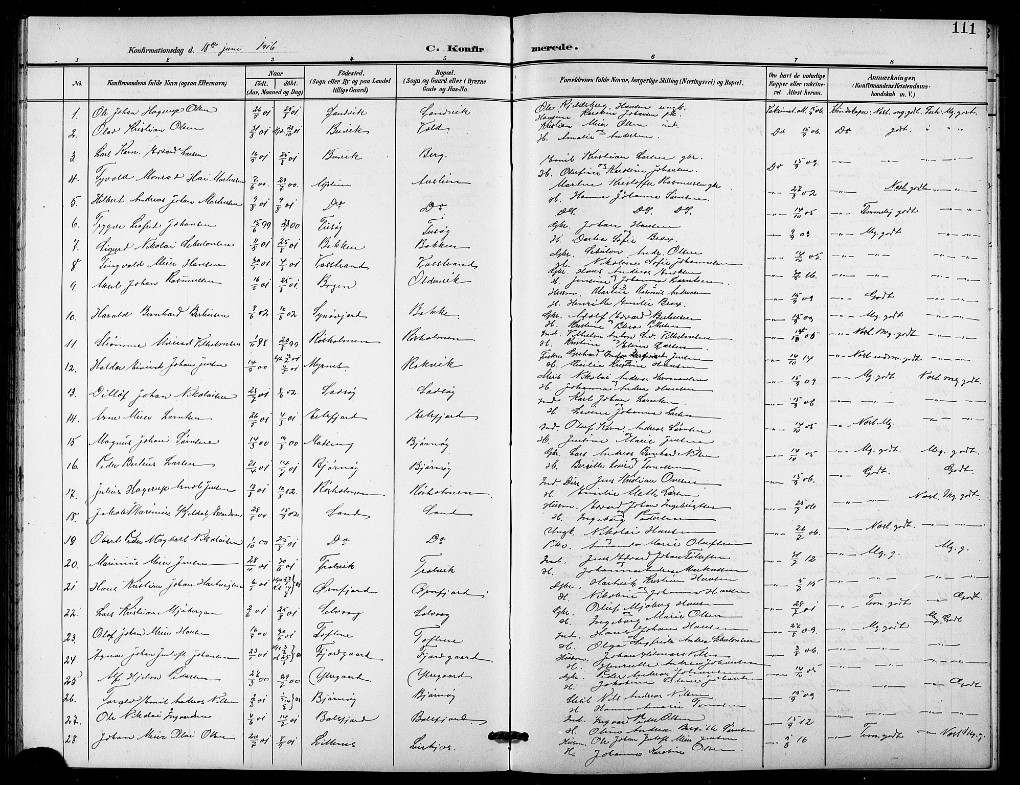 Lenvik sokneprestembete, SATØ/S-1310/H/Ha/Hab/L0022klokker: Parish register (copy) no. 22, 1901-1918, p. 111
