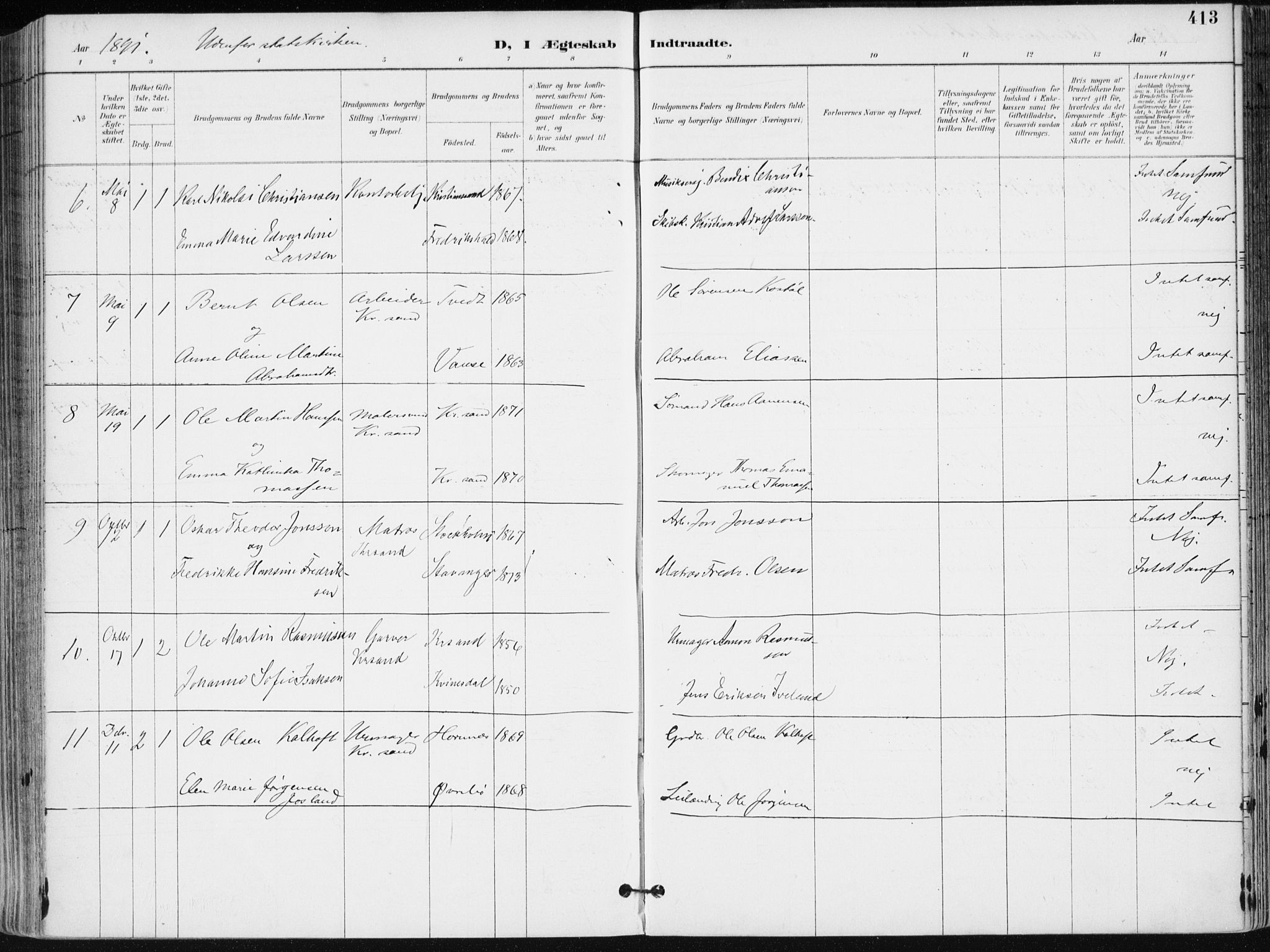 Kristiansand domprosti, AV/SAK-1112-0006/F/Fa/L0019: Parish register (official) no. A 18, 1890-1897, p. 413