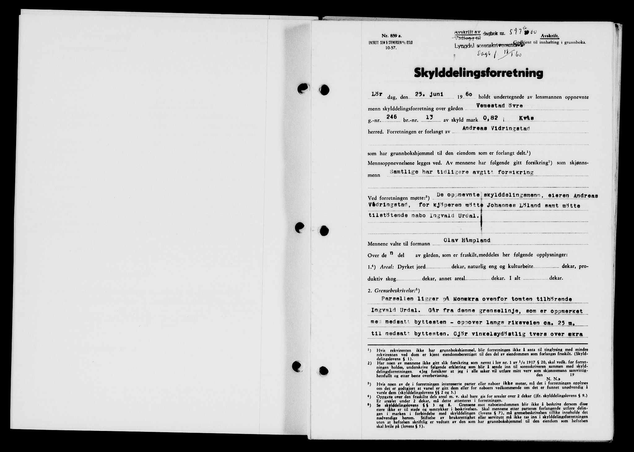 Lyngdal sorenskriveri, AV/SAK-1221-0004/G/Gb/L0680: Mortgage book no. A XXVI, 1960-1960, Diary no: : 597/1960