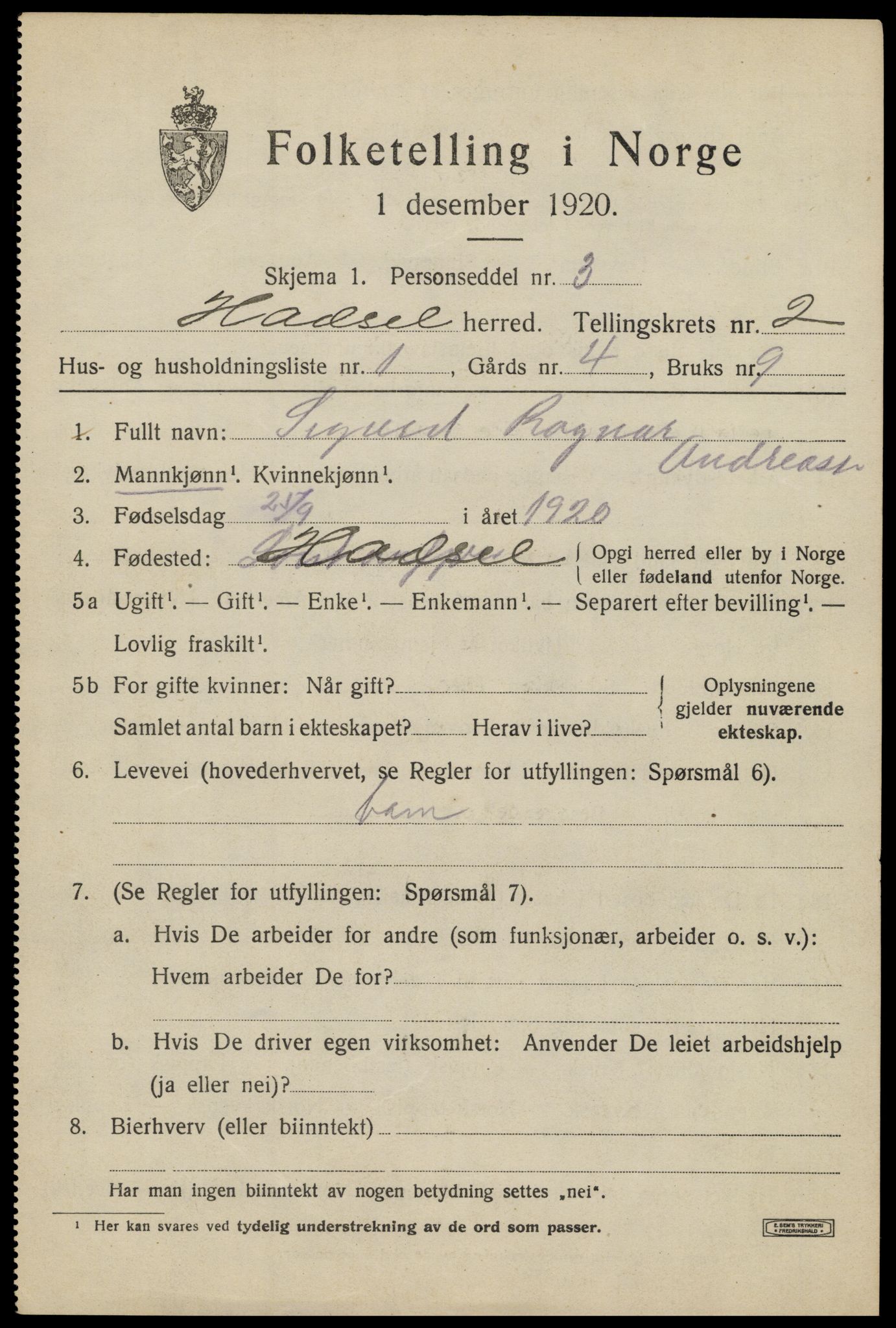 SAT, 1920 census for Hadsel, 1920, p. 3970