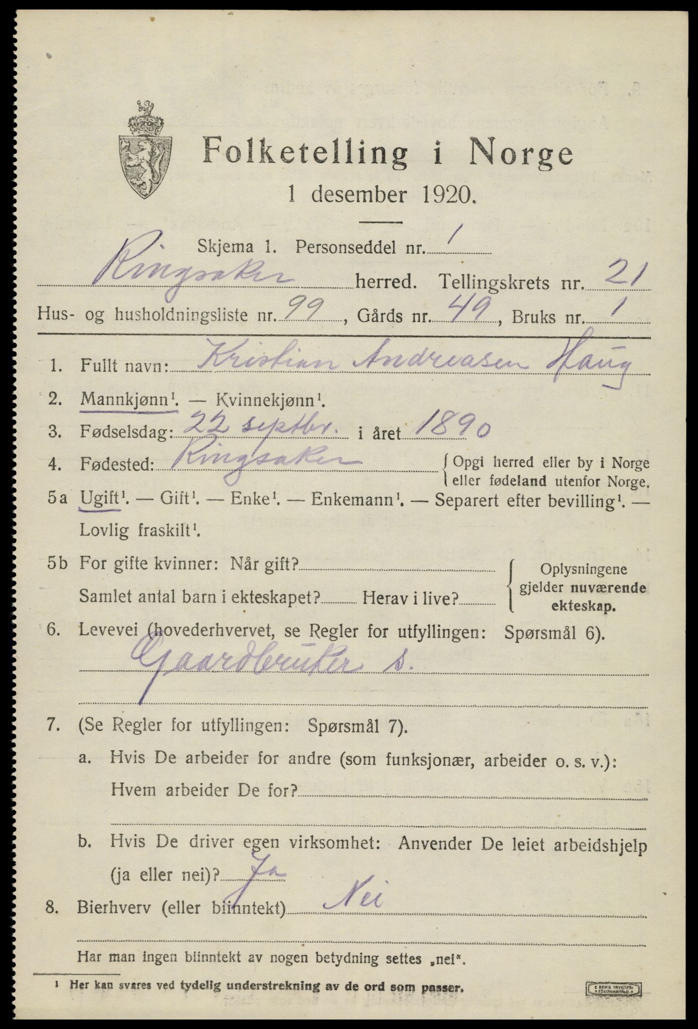 SAH, 1920 census for Ringsaker, 1920, p. 29610