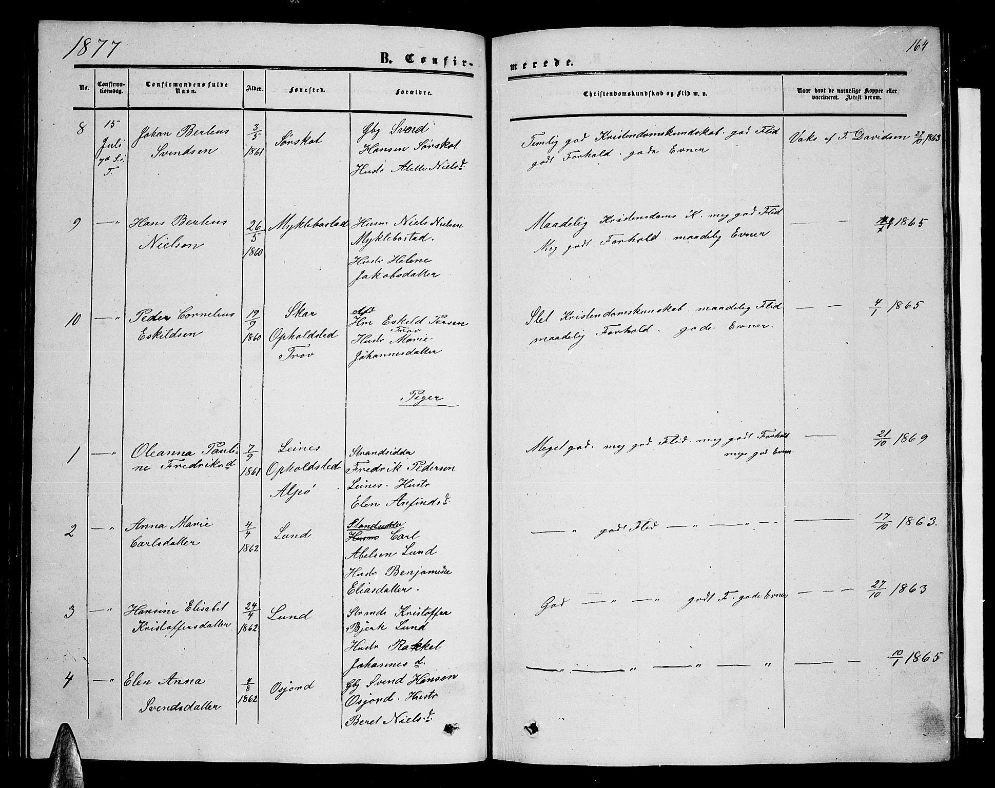 Ministerialprotokoller, klokkerbøker og fødselsregistre - Nordland, AV/SAT-A-1459/857/L0827: Parish register (copy) no. 857C02, 1852-1879, p. 164