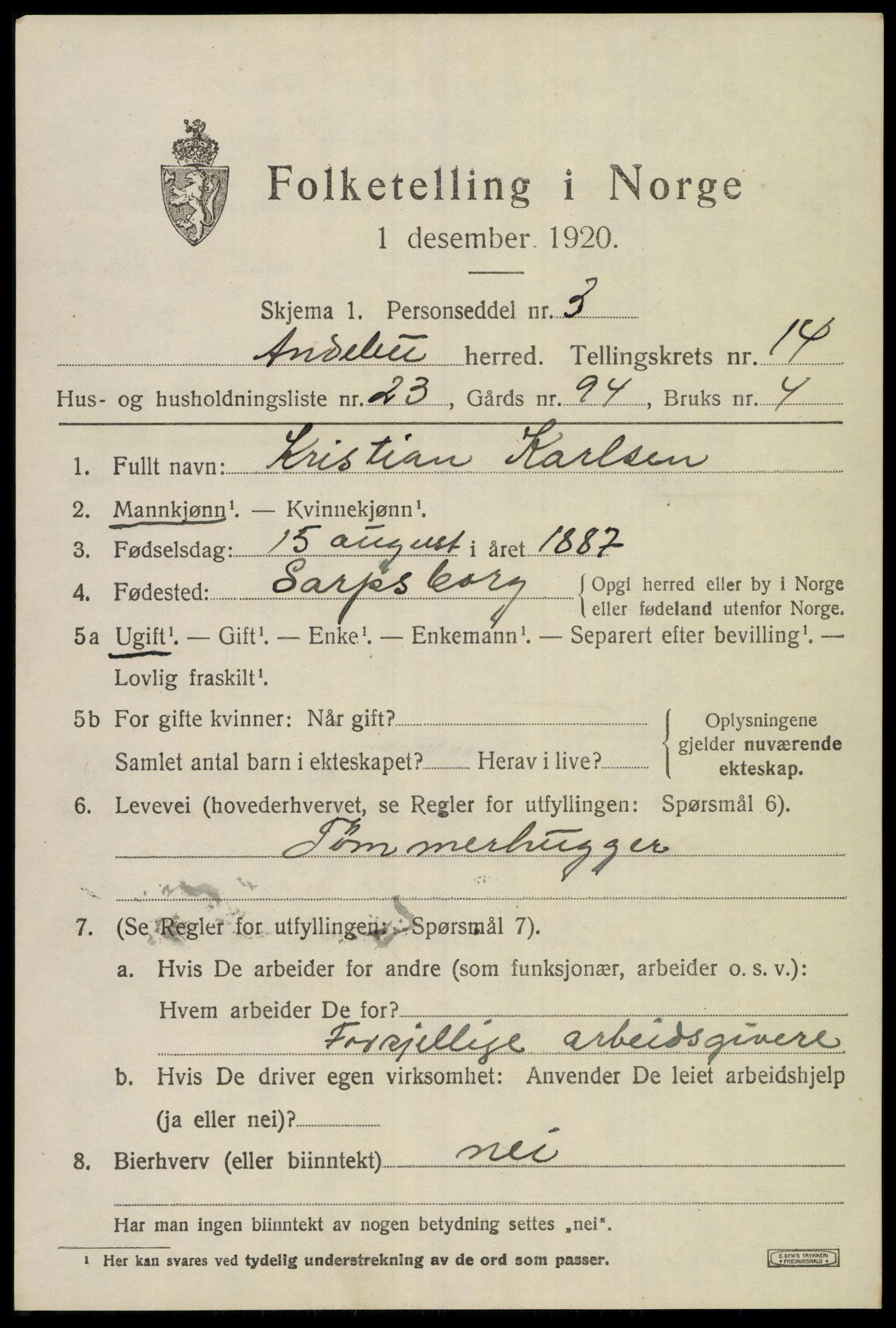 SAKO, 1920 census for Andebu, 1920, p. 5326