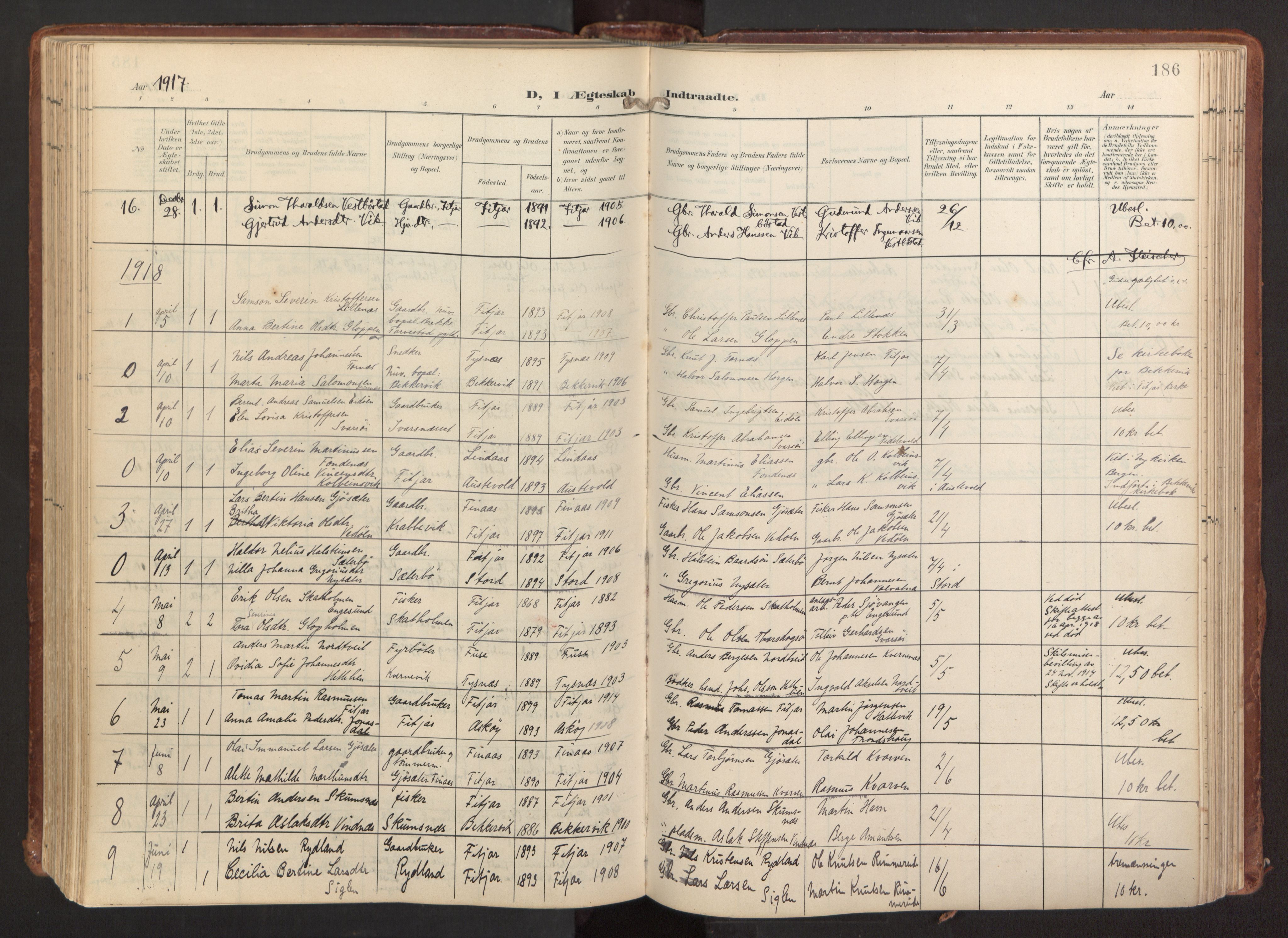 Fitjar sokneprestembete, AV/SAB-A-99926: Parish register (official) no. A 3, 1900-1918, p. 186