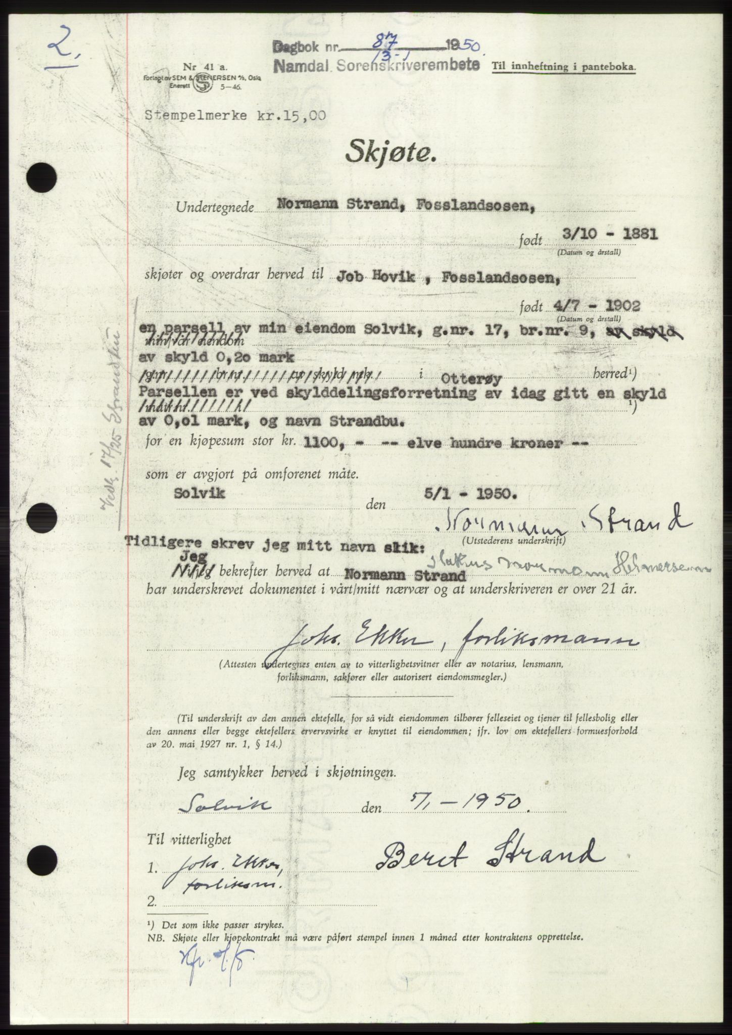 Namdal sorenskriveri, AV/SAT-A-4133/1/2/2C: Mortgage book no. -, 1950-1950, Diary no: : 87/1950