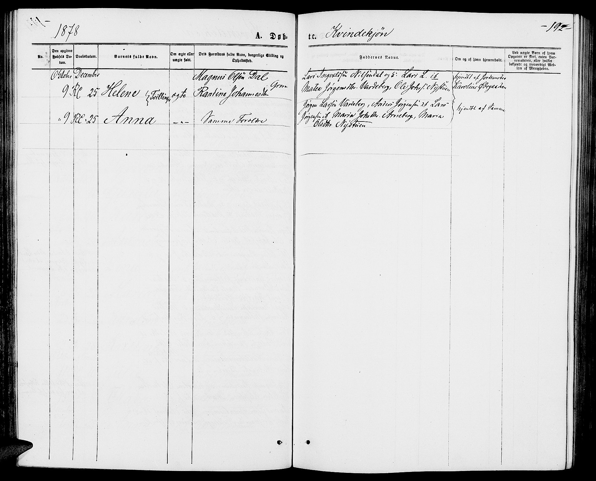 Ringsaker prestekontor, AV/SAH-PREST-014/L/La/L0008: Parish register (copy) no. 8, 1870-1878, p. 192