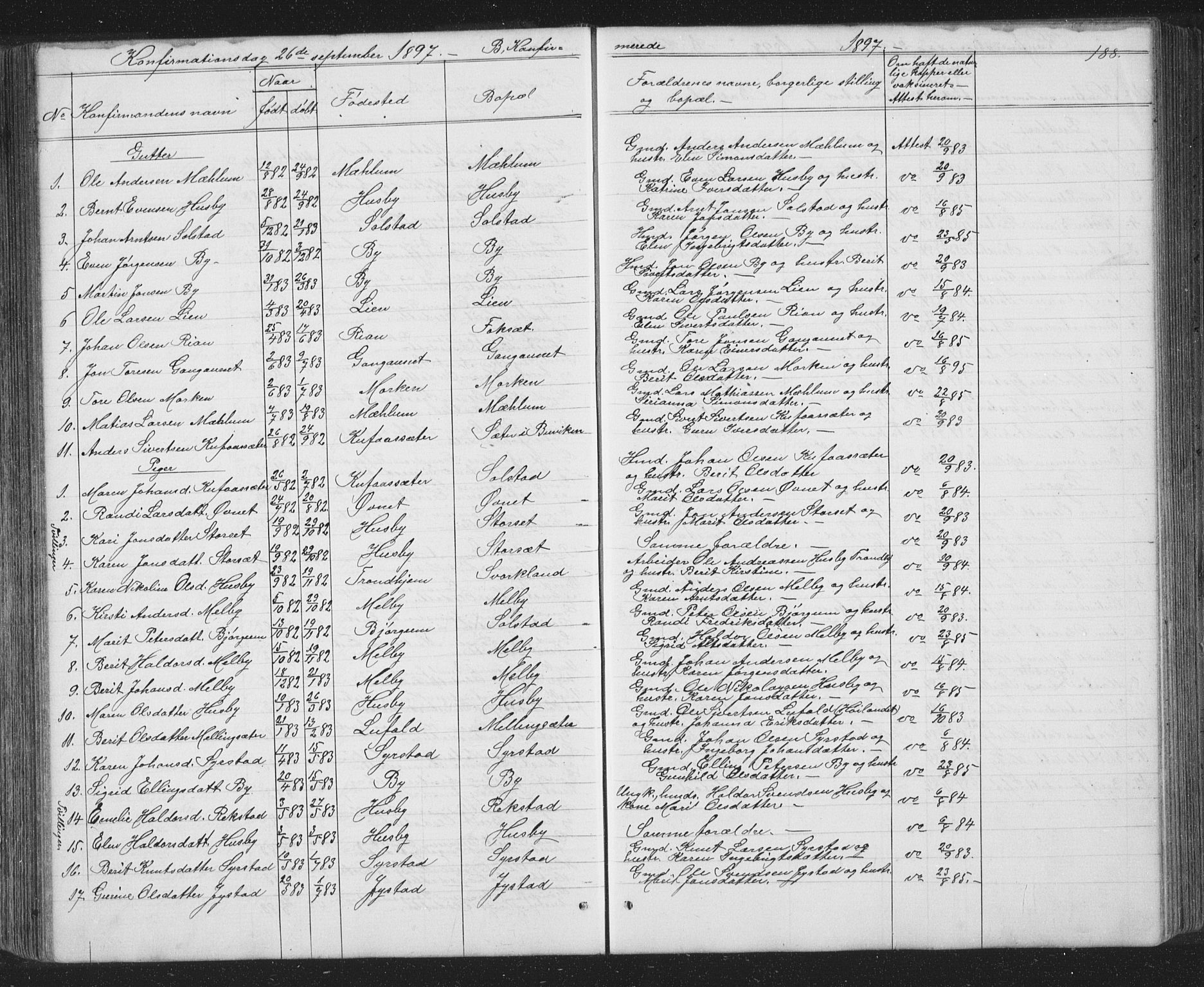Ministerialprotokoller, klokkerbøker og fødselsregistre - Sør-Trøndelag, SAT/A-1456/667/L0798: Parish register (copy) no. 667C03, 1867-1929, p. 188