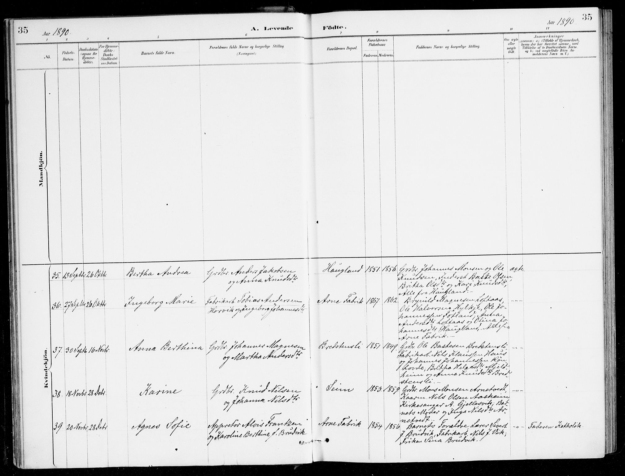 Haus sokneprestembete, AV/SAB-A-75601/H/Haa/Haad/L0001: Parish register (official) no. D 1, 1887-1898, p. 35