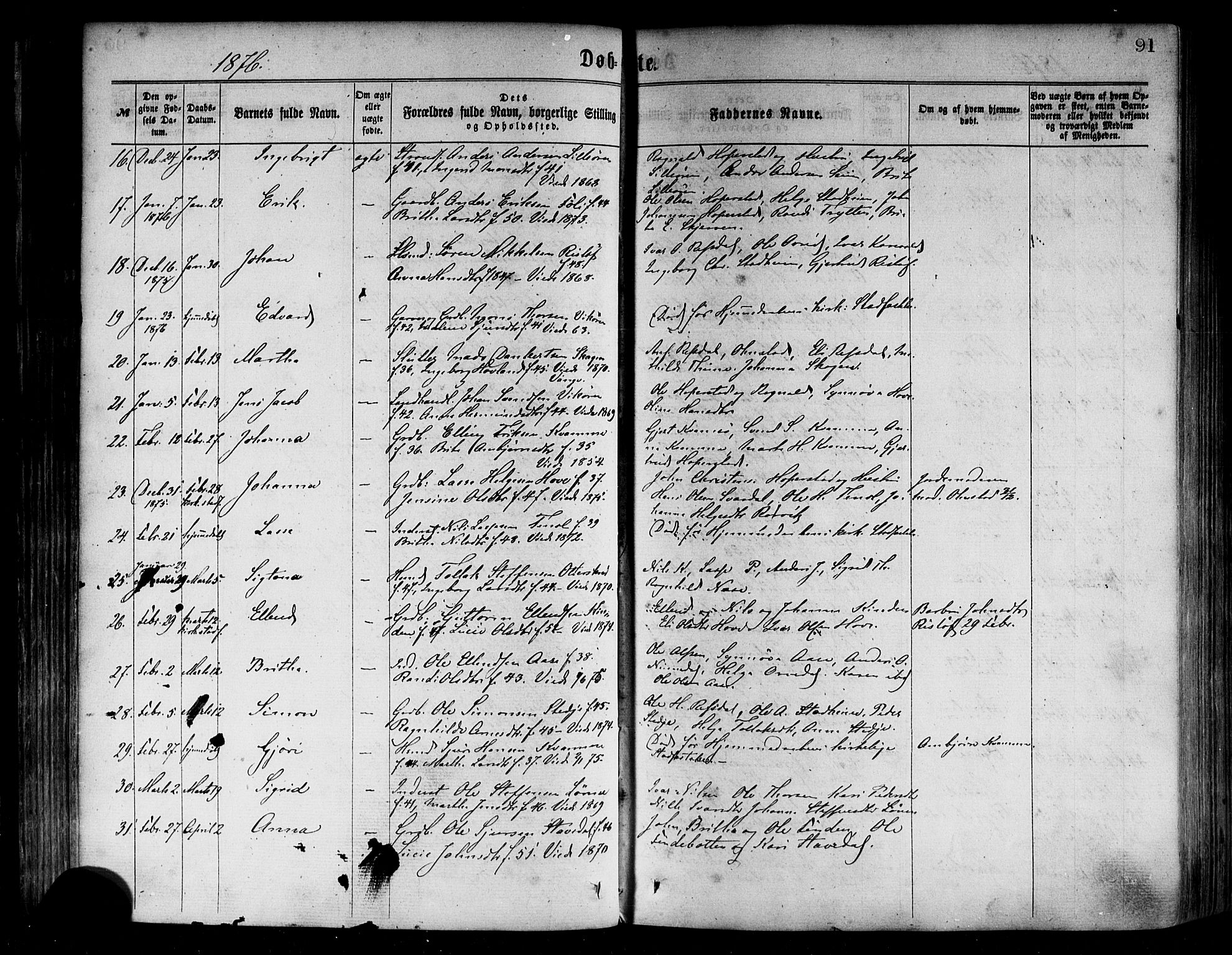 Vik sokneprestembete, AV/SAB-A-81501/H/Haa/Haaa/L0009: Parish register (official) no. A 9, 1866-1877, p. 91