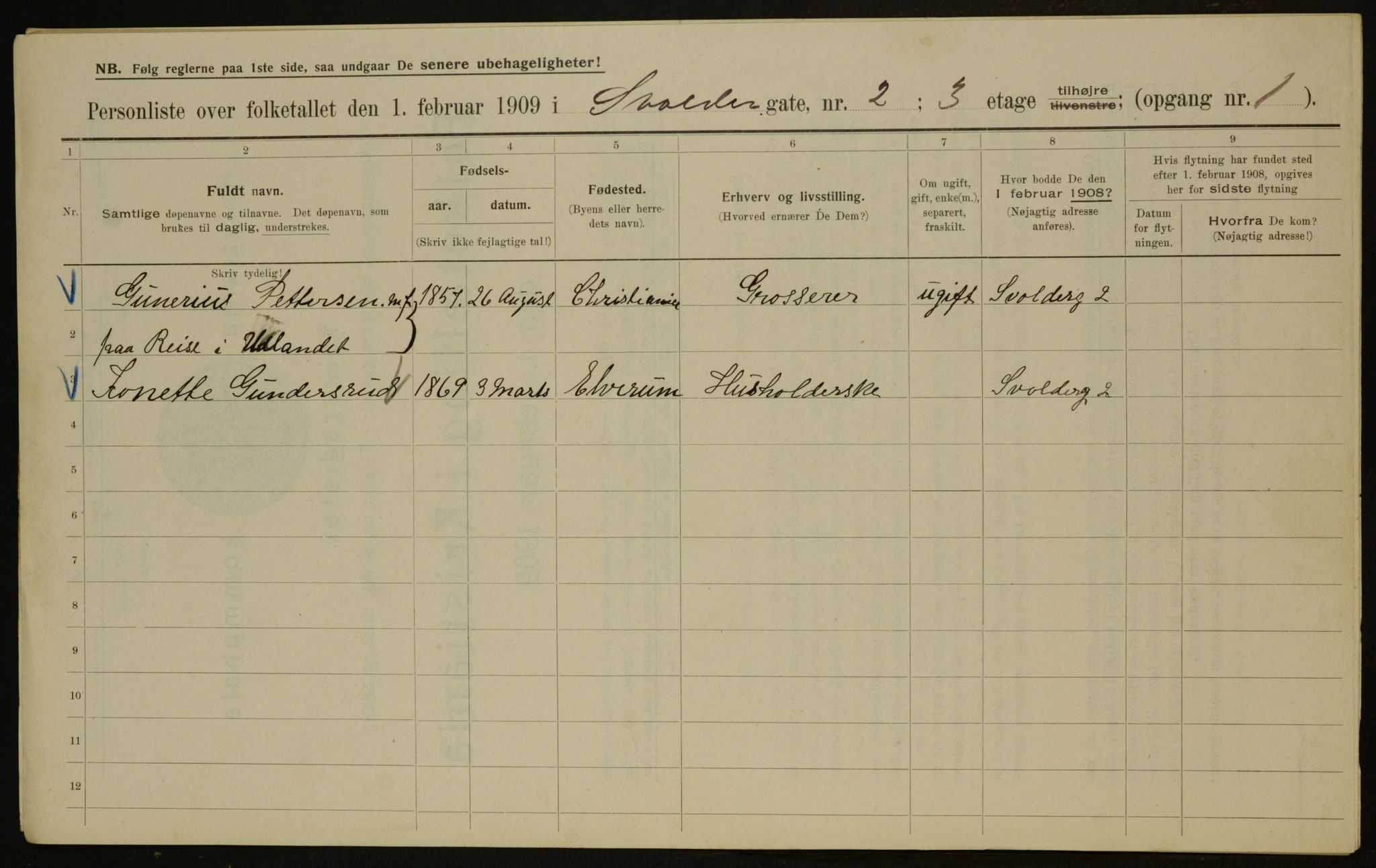 OBA, Municipal Census 1909 for Kristiania, 1909, p. 96063